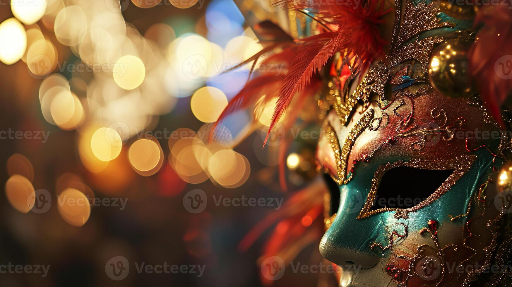 ai generato colorato carnevale masquerade parata maschera su sfocato buio blu sfondo con bokeh luci. copia spazio. per veneziano costume Festival celebrazione, invito, promozione. foto