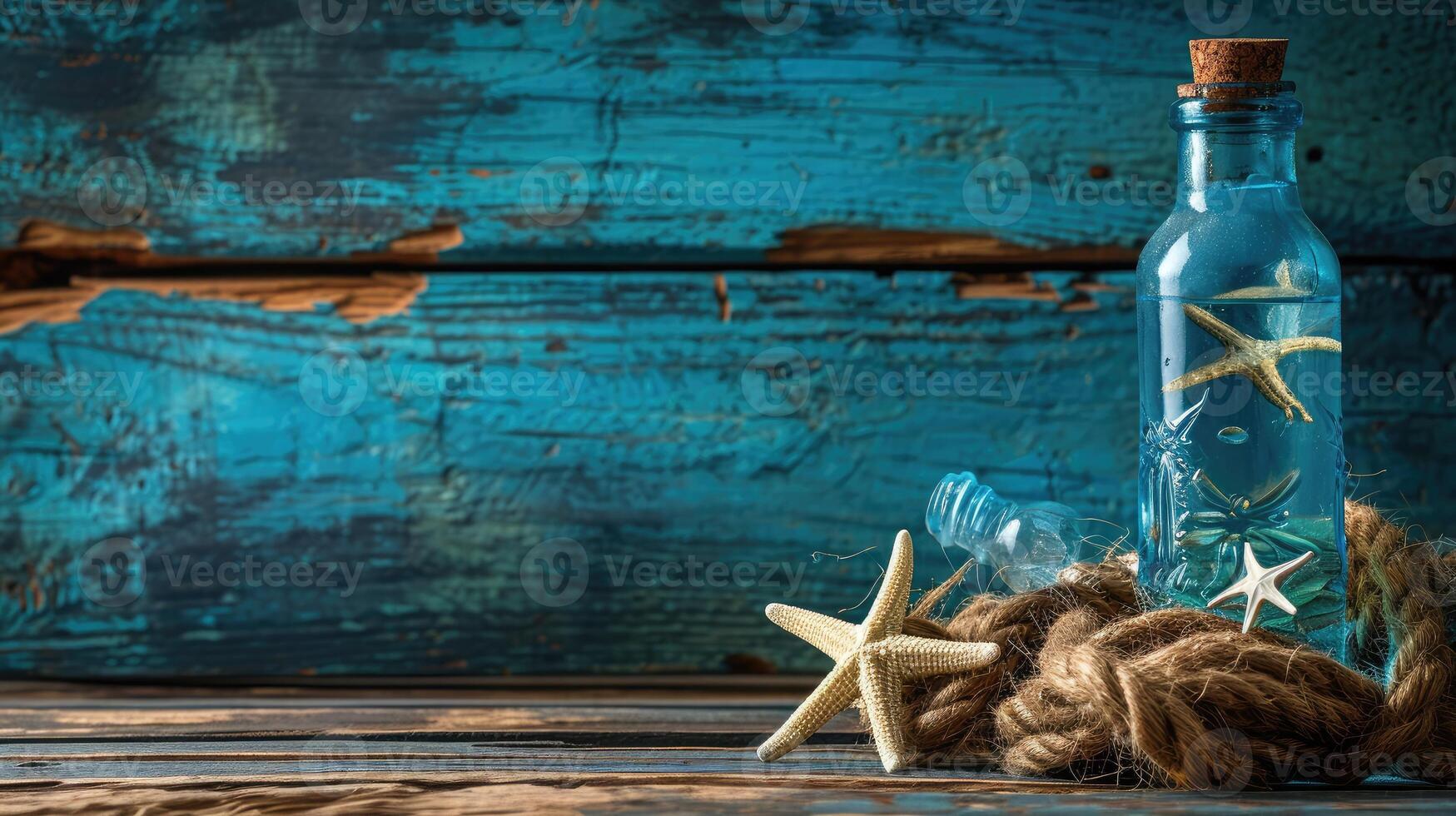 ai generato mare e oceano i regali su un' di legno sfondo. marino le cose. mare prodotti. acqua sfondo per vero uomo capitani e marinai. pirata design. bottiglia, corda, stella. subacqueo tesori foto