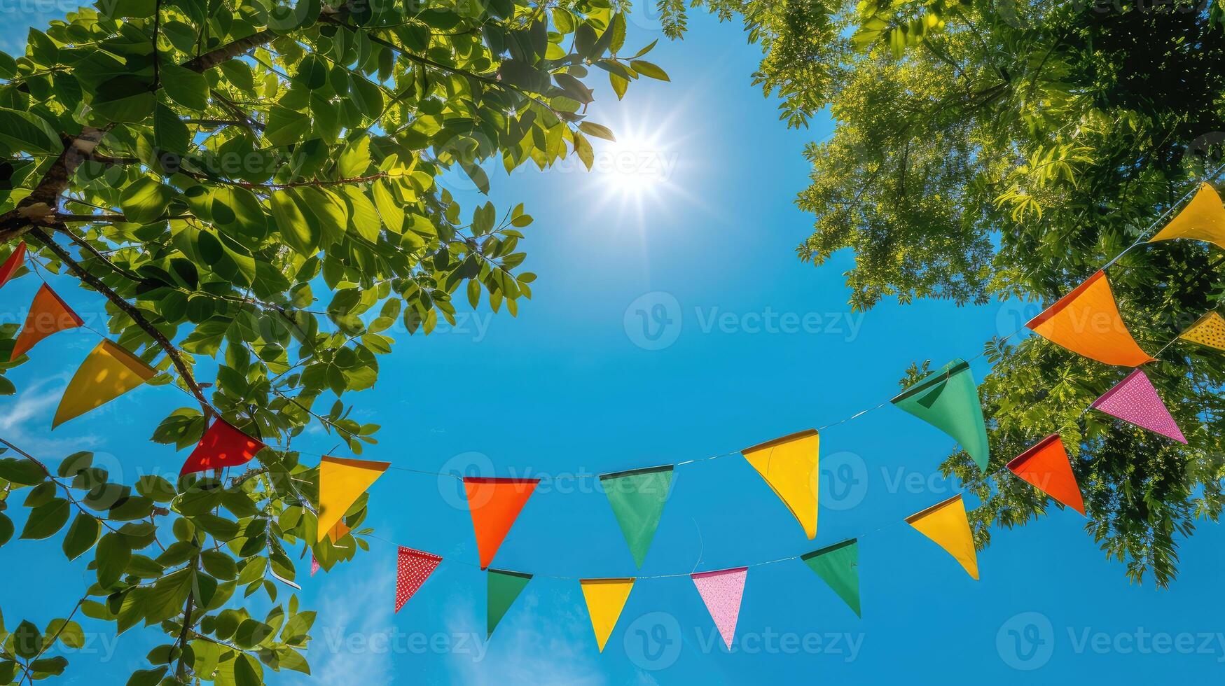 ai generato colorato bandierina corda decorazione nel verde albero fogliame su blu cielo, estate festa sfondo modello bandiera con copia spazio foto