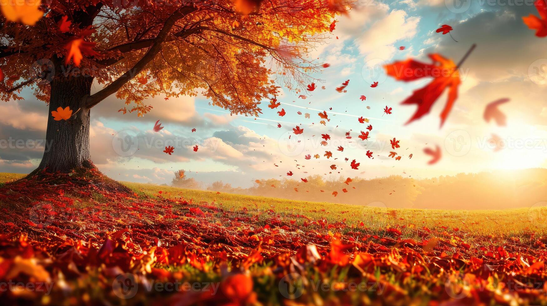 ai generato autunno paesaggio. autunno albero le foglie cielo sfondo. foto