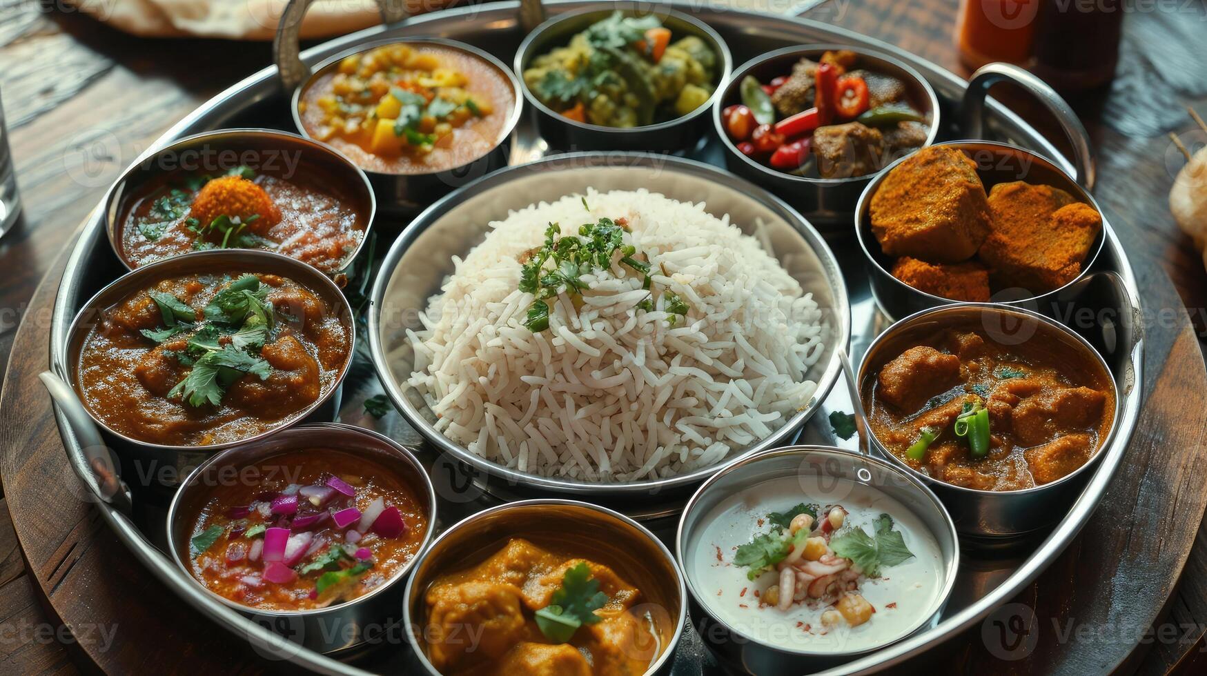 ai generato indiano piatto thali - indiano cibo impostato foto