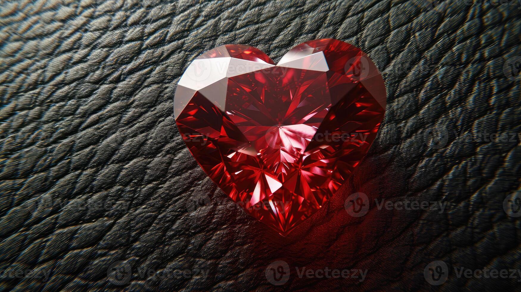 ai generato rosso cuore sagomato diamante, su un' nero pelle sfondo foto