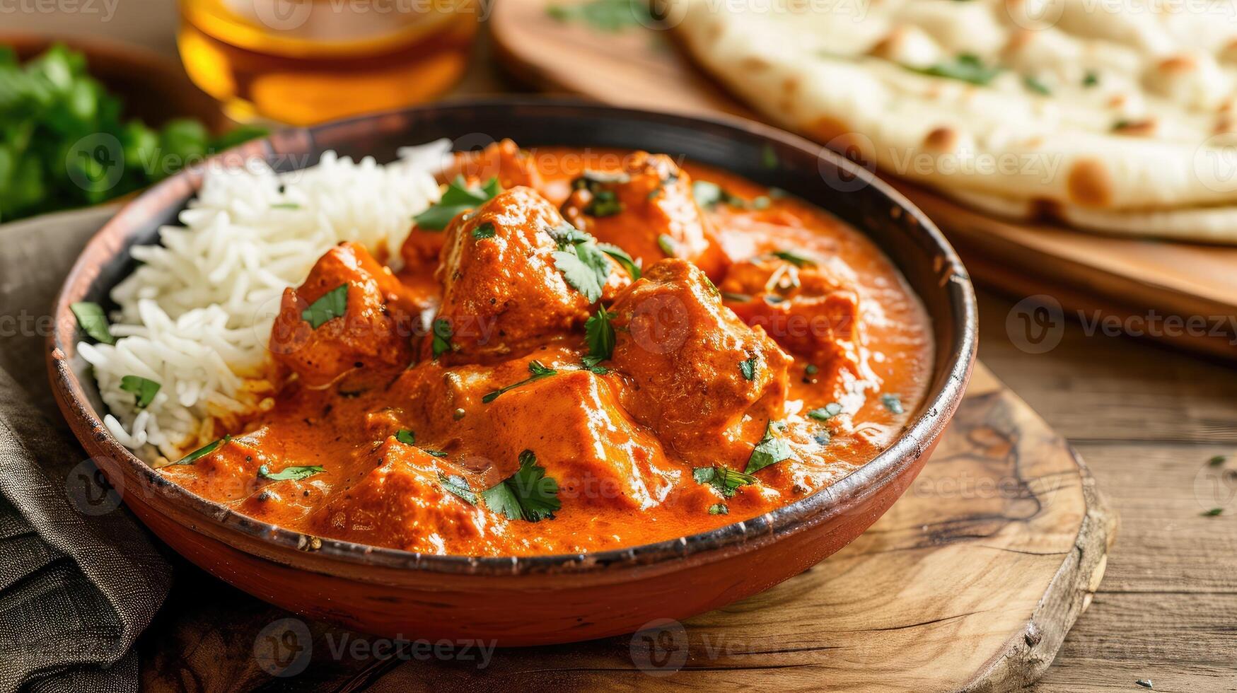 ai generato pollo tikka masala speziato curry carne cibo nel un' argilla piatto con riso e naan pane su di legno sfondo. foto