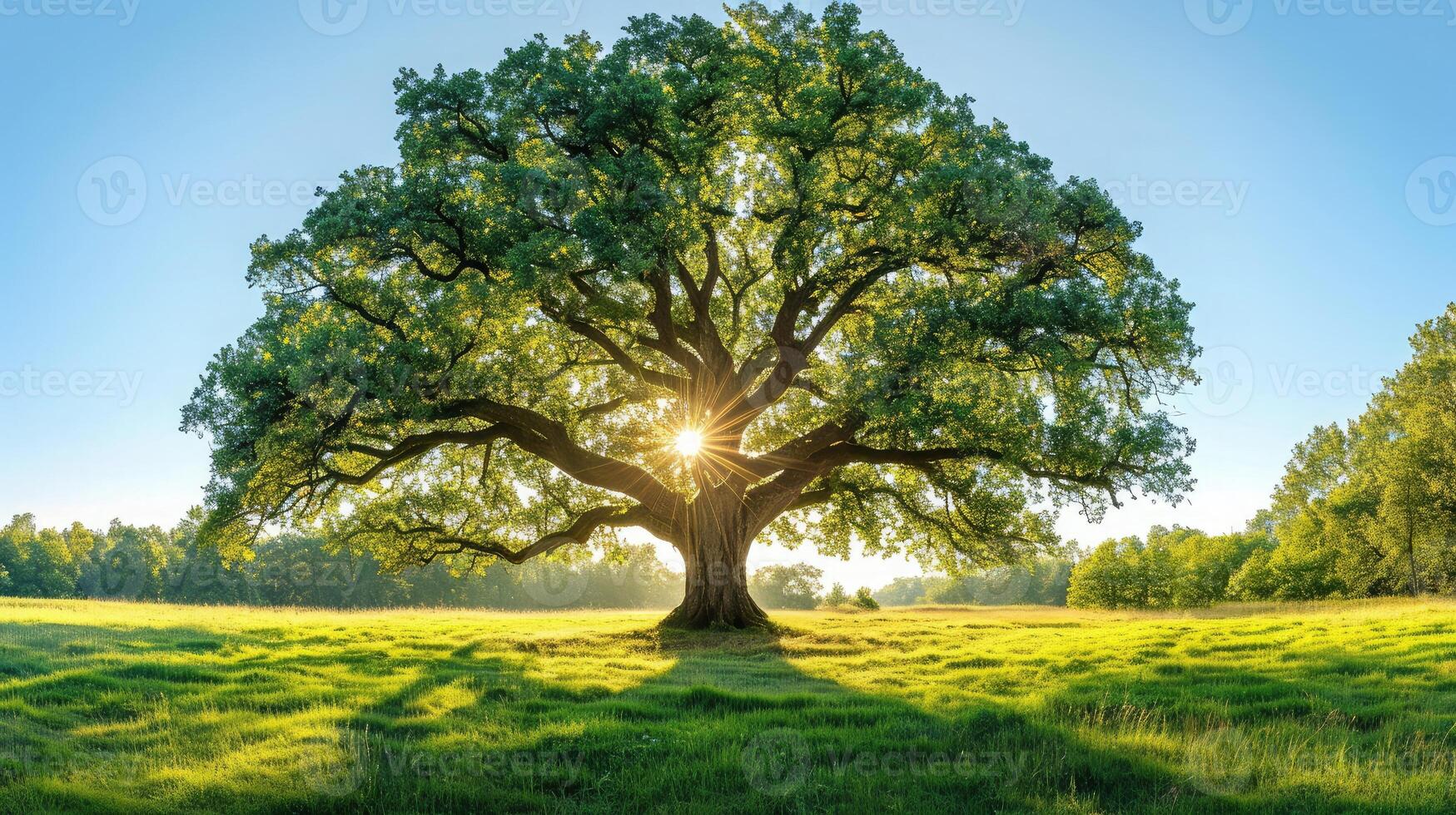 ai generato il sole splendente attraverso un' maestoso verde quercia albero su un' prato, con chiaro blu cielo nel il sfondo, panorama formato foto