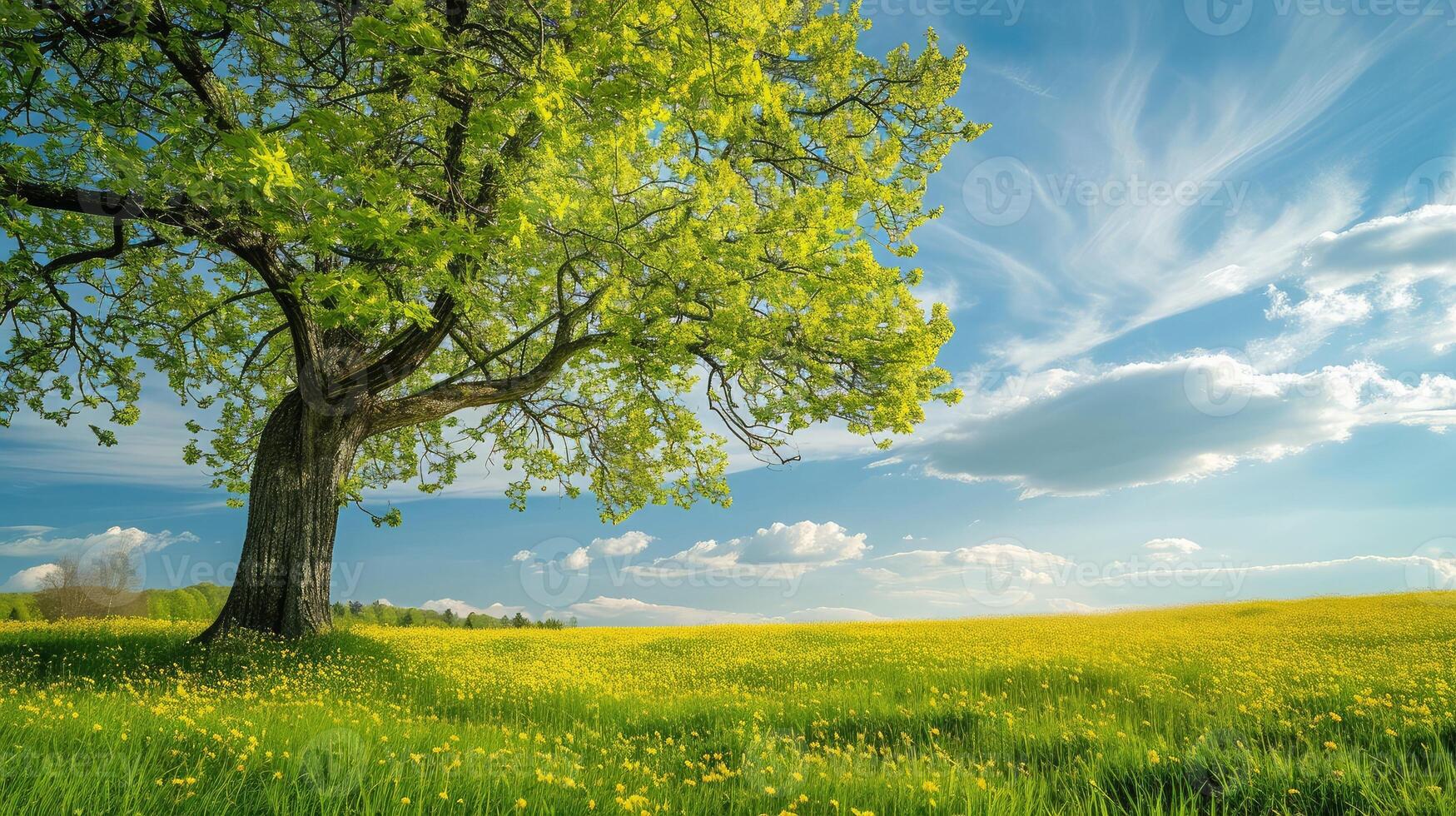 ai generato primavera prato con grande albero con fresco verde le foglie foto