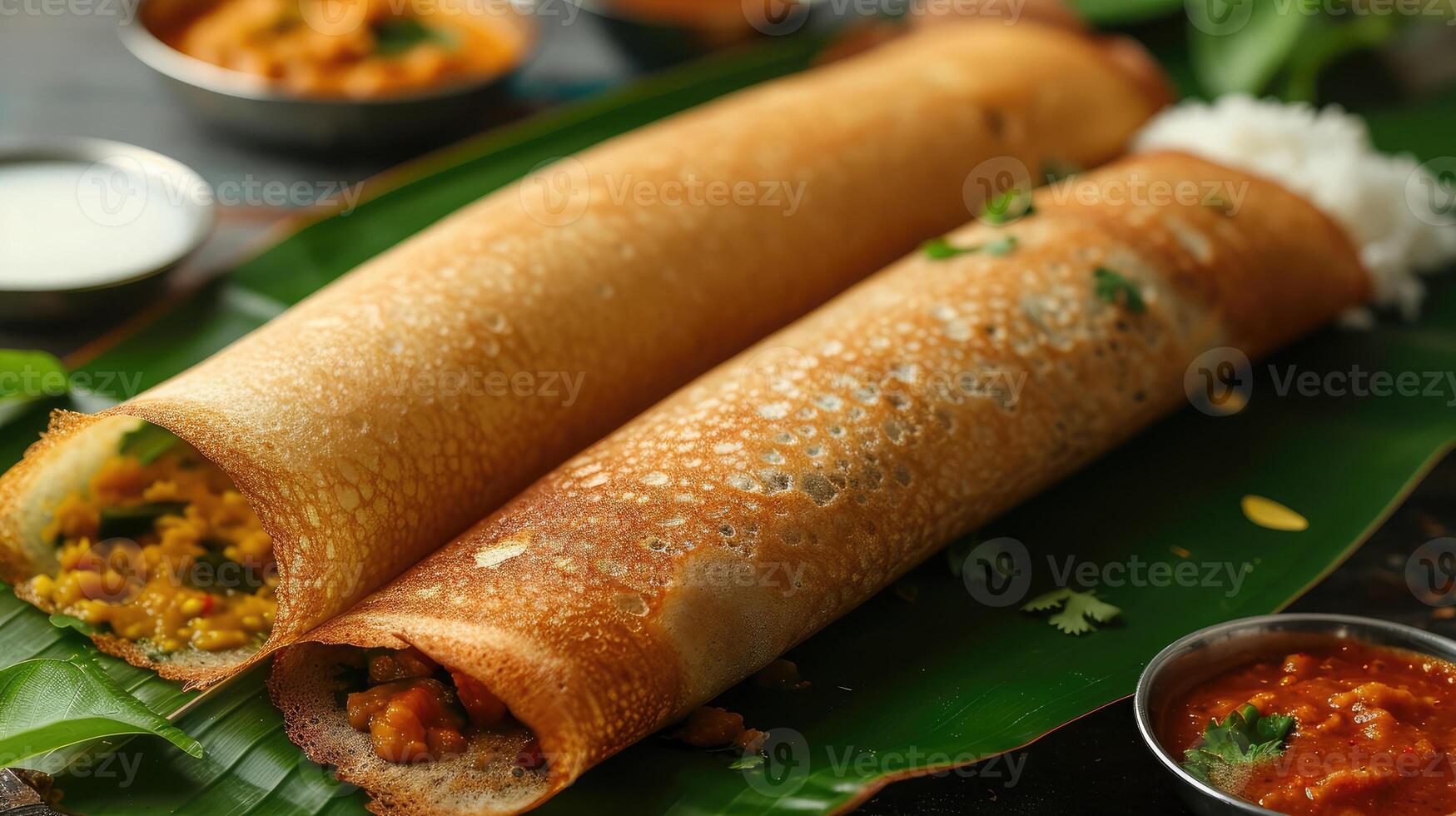 ai generato carta masala dosa è un' Sud indiano pasto servito con sambhar e Noce di cocco chutney al di sopra di fresco Banana foglia. selettivo messa a fuoco foto