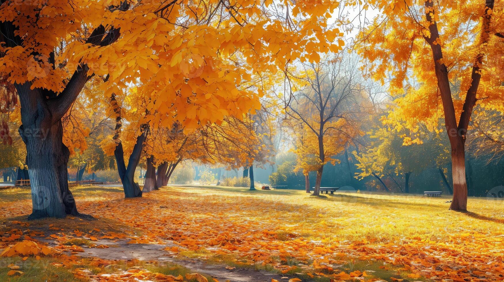 ai generato autunno scena. luminosa colorato paesaggio giallo alberi nel autunno parco. autunno natura. foto