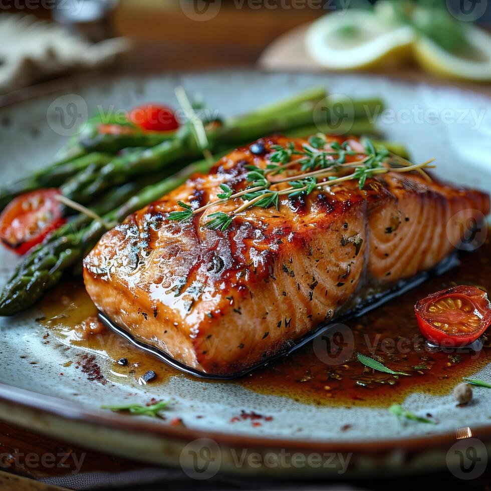 ai generato grigliato salmone bistecca con asparago su un' piatto. ai generato foto