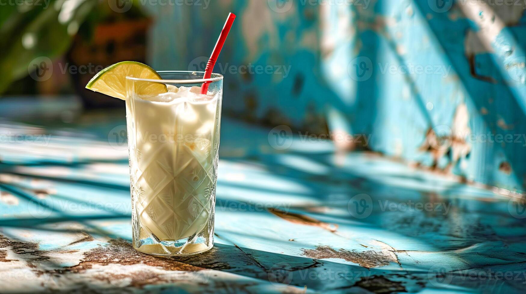 ai generato bicchiere con Noce di cocco latte su un' blu sfondo. ai generato. foto