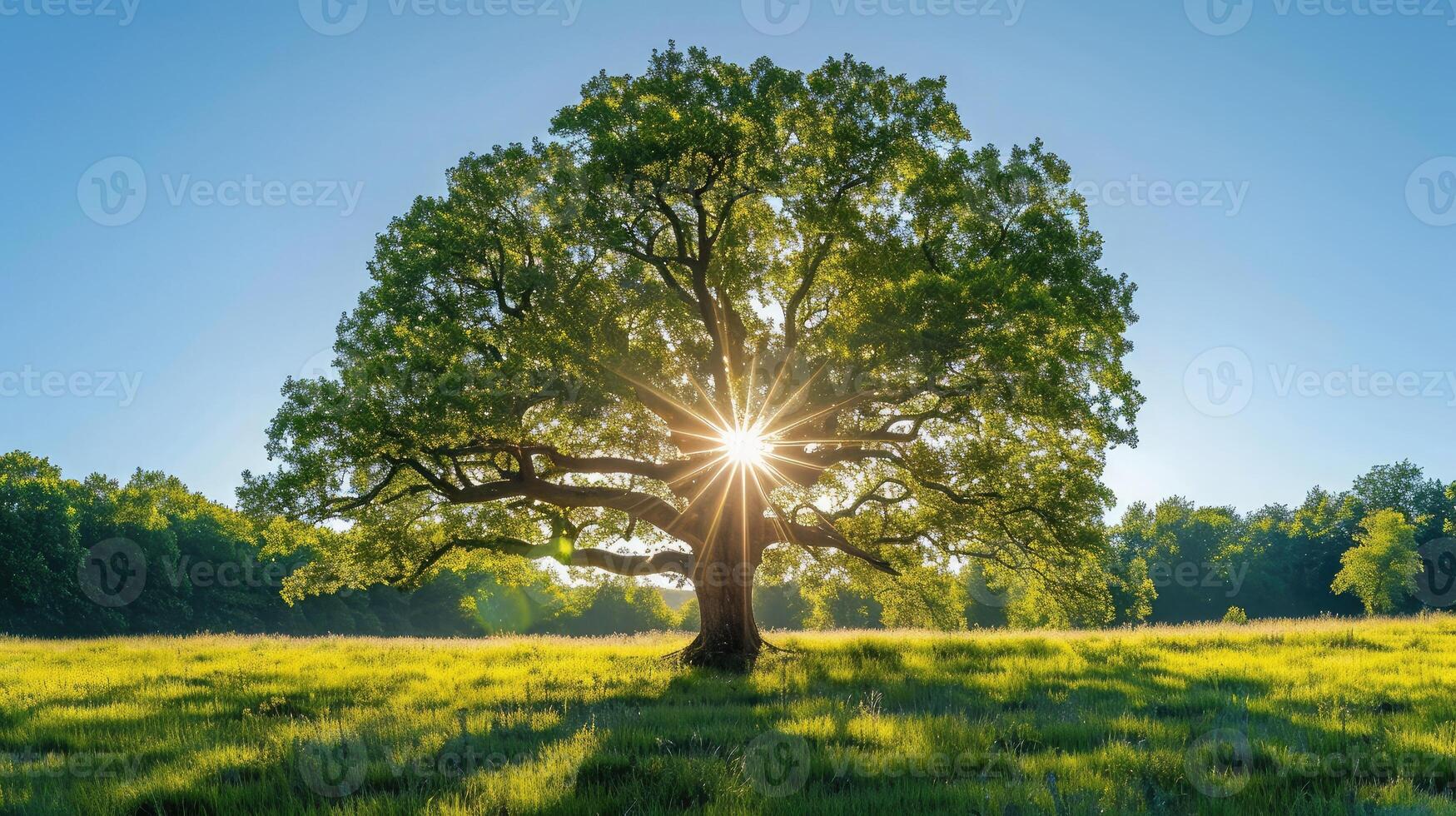 ai generato il sole splendente attraverso un' maestoso verde quercia albero su un' prato, con chiaro blu cielo nel il sfondo, panorama formato foto