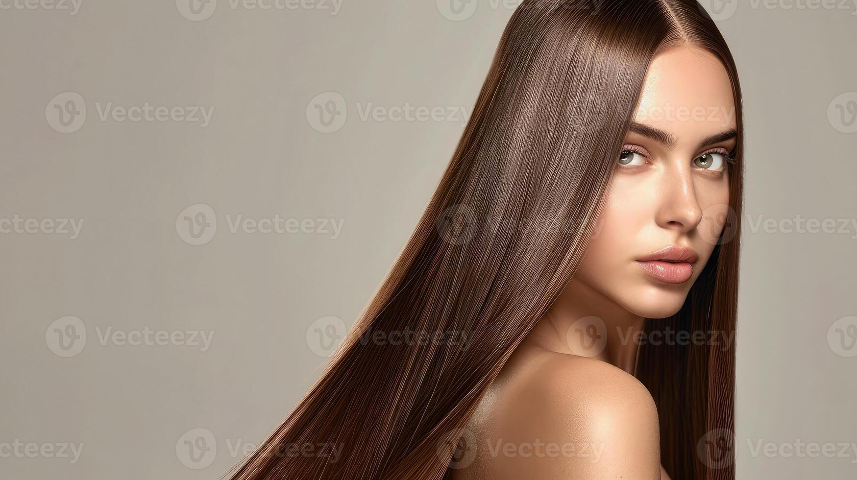 ai generato bellissimo modello ragazza con brillante Marrone e dritto lungo capelli . cheratina raddrizzatura . trattamento, cura e terme procedure. liscio acconciatura foto