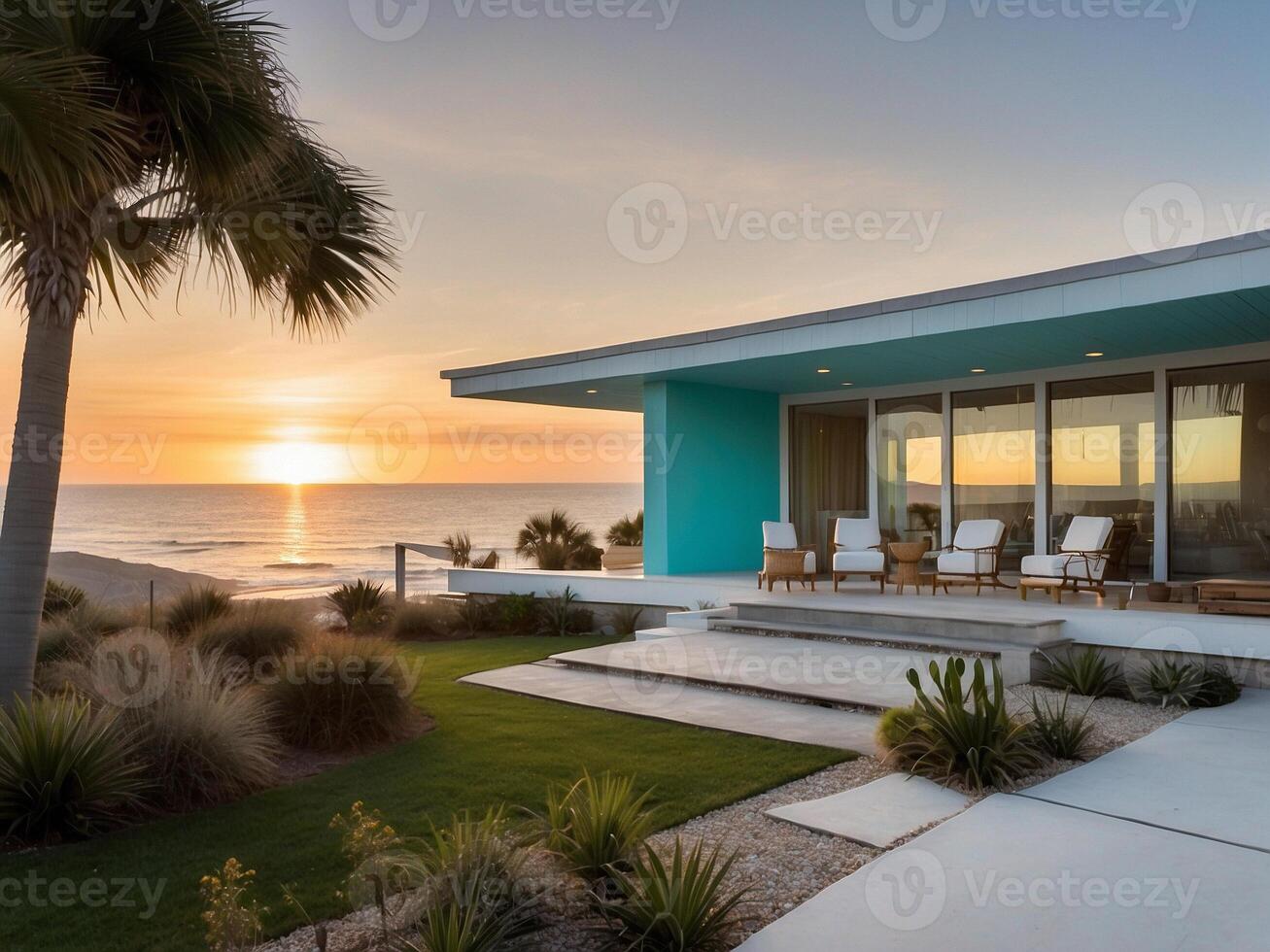 ai generato bianca e turchese medio secolo moderno stile spiaggia casa, interno, tramonto foto