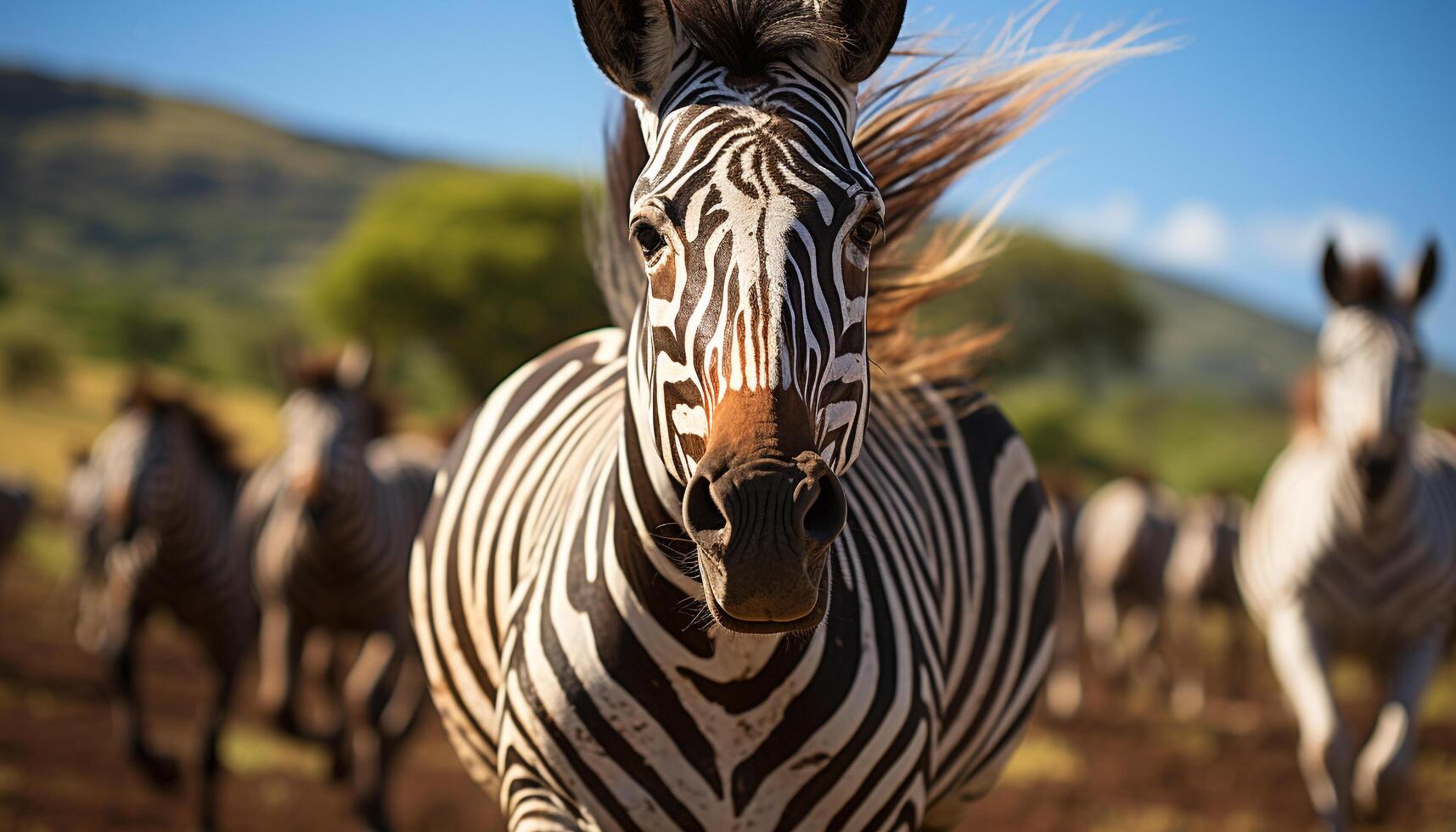 ai generato zebra nel Africa, in piedi su erboso savana generato di ai foto