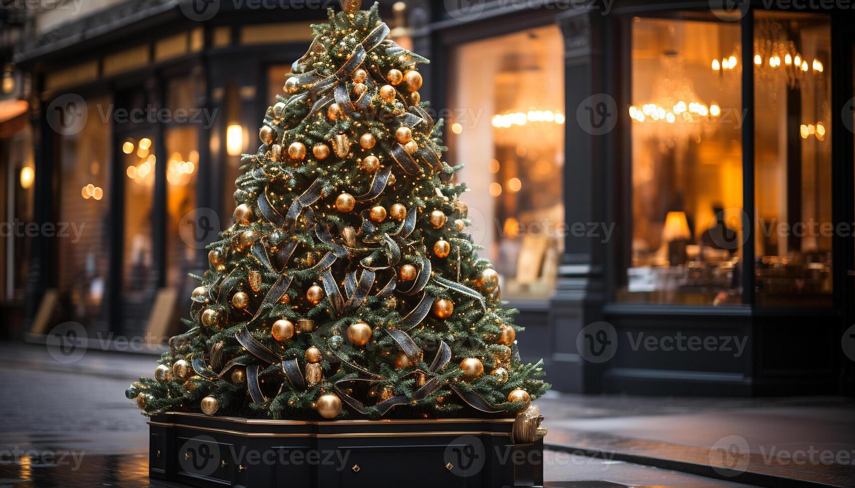 ai generato Natale albero decorazione raggiante nel il buio in casa generato di ai foto