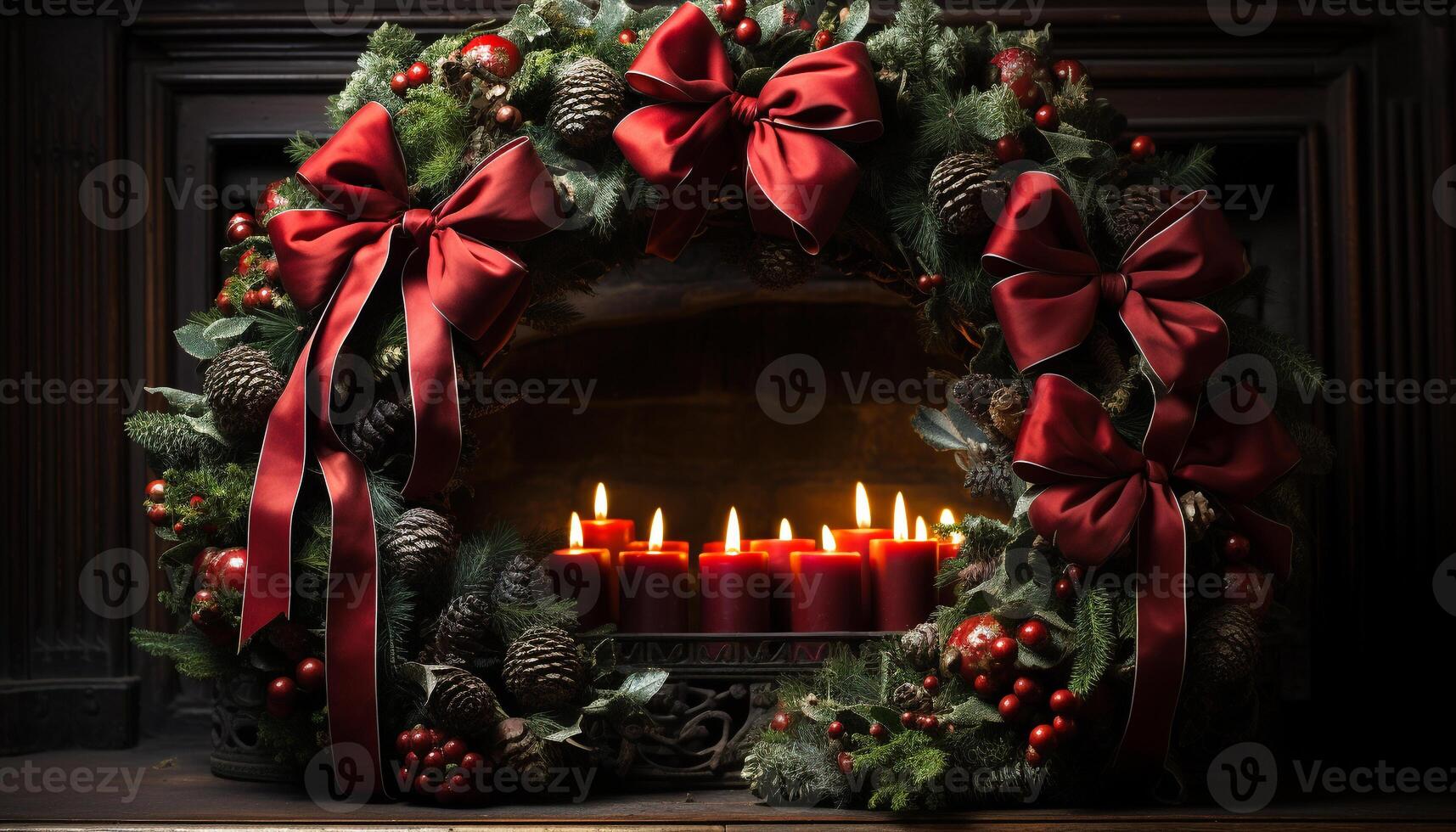 ai generato Natale albero illuminato con raggiante lume di candela e ornamenti generato di ai foto