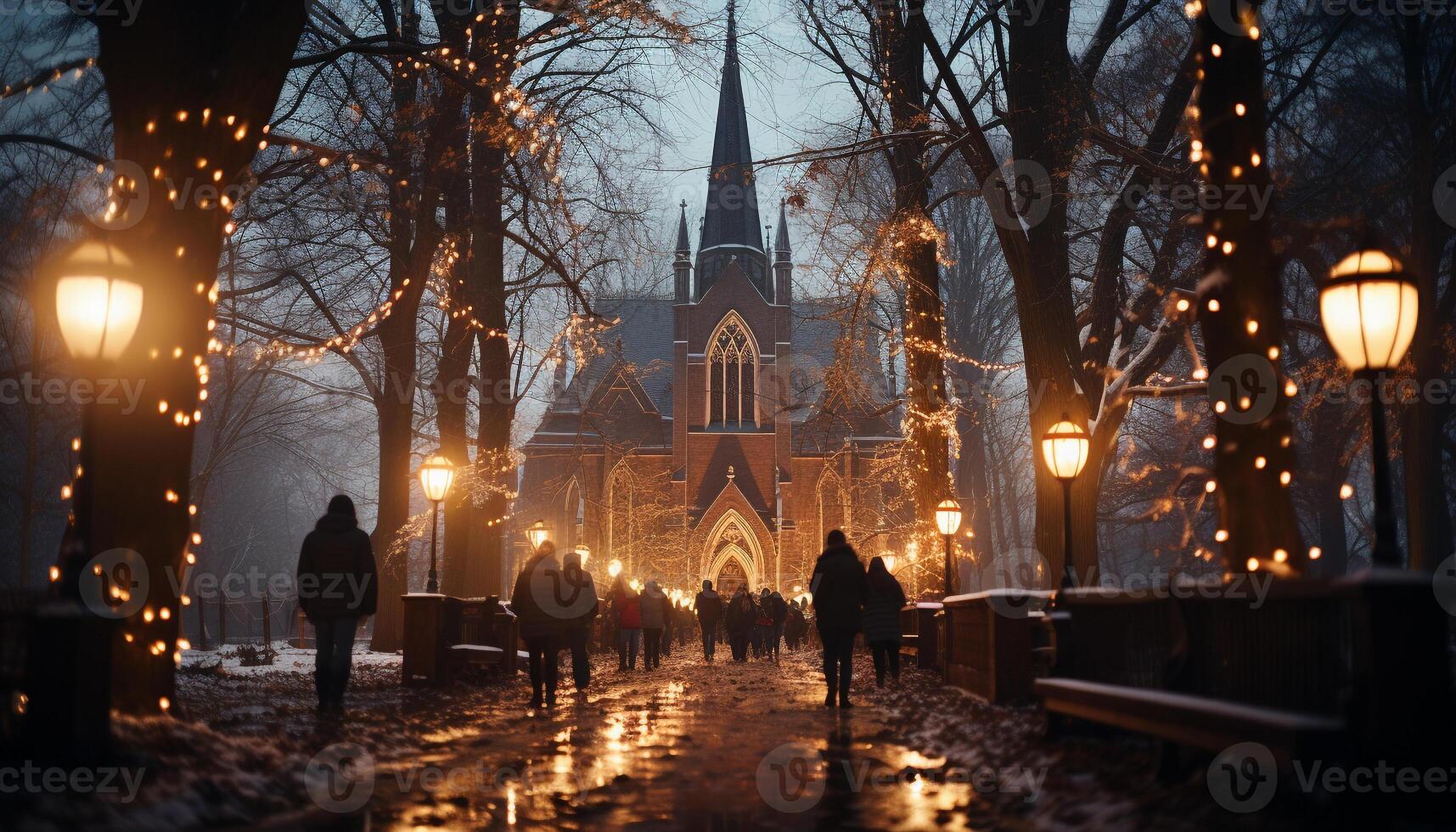 ai generato inverno notte, illuminato Cattedrale, spiritualità nel il neve generato di ai foto