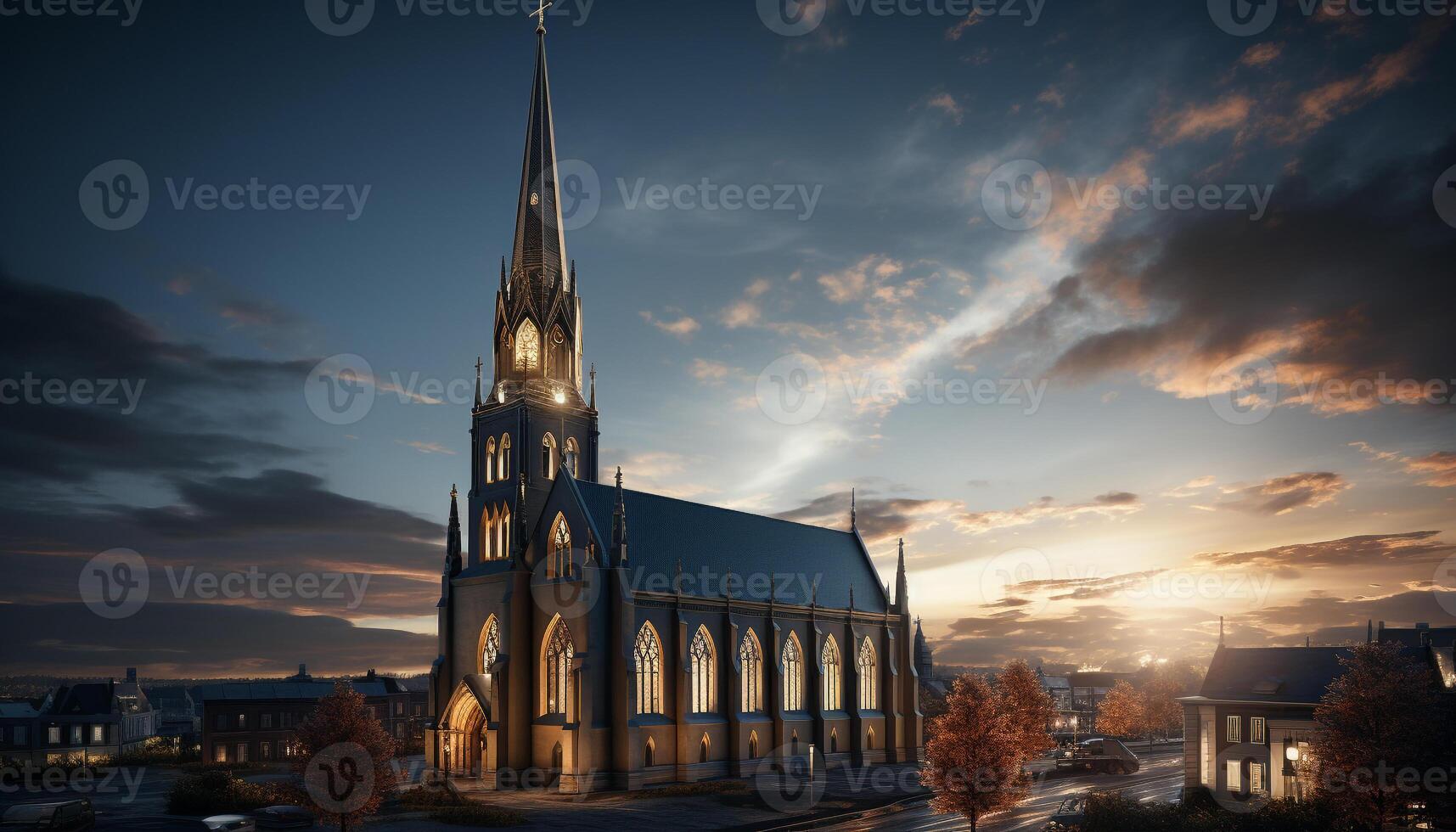ai generato Gotico cappella illuminato di maestoso tramonto cielo generato di ai foto