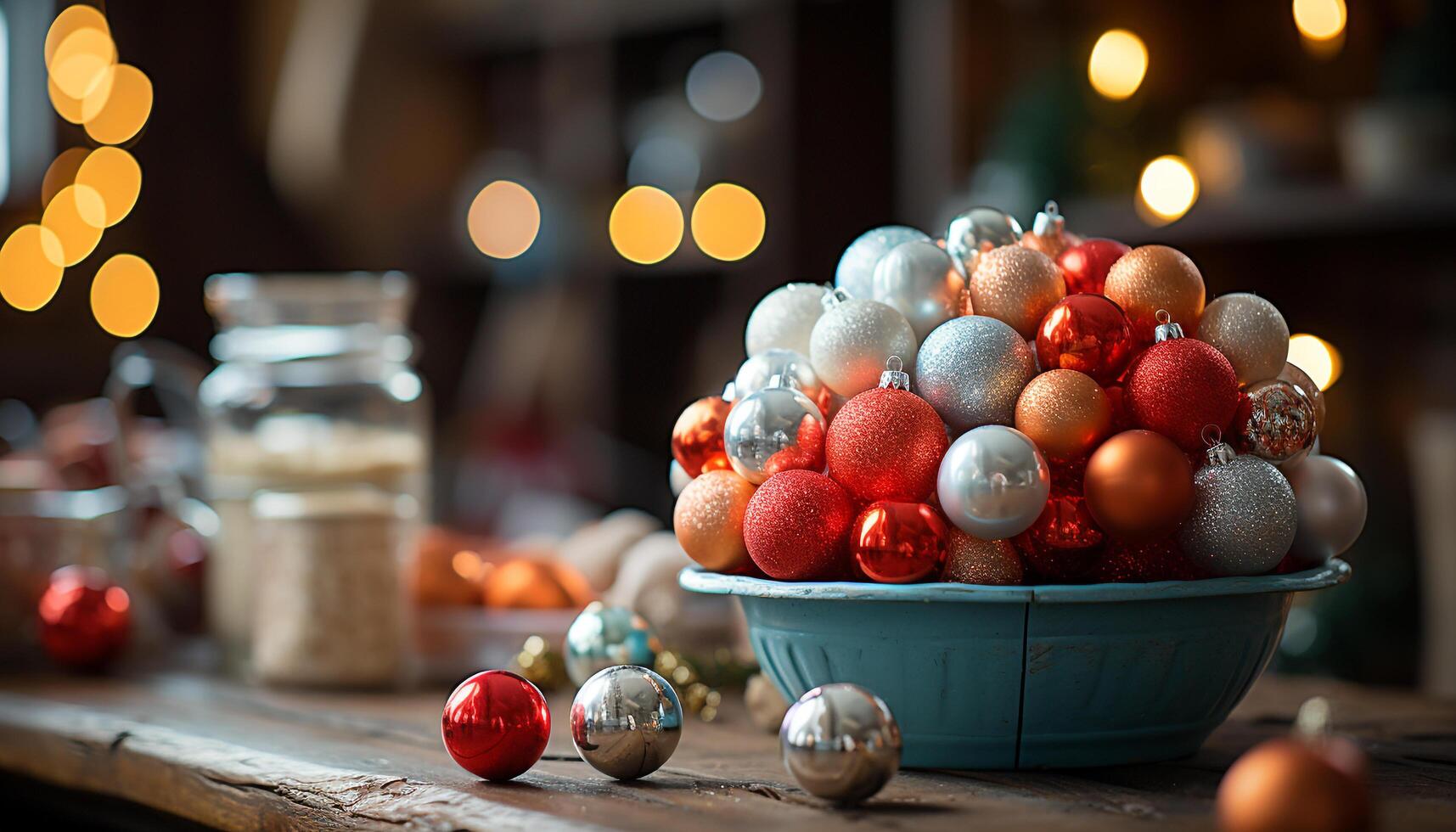 ai generato Natale ornamento raggiante su rustico di legno tavolo generato di ai foto