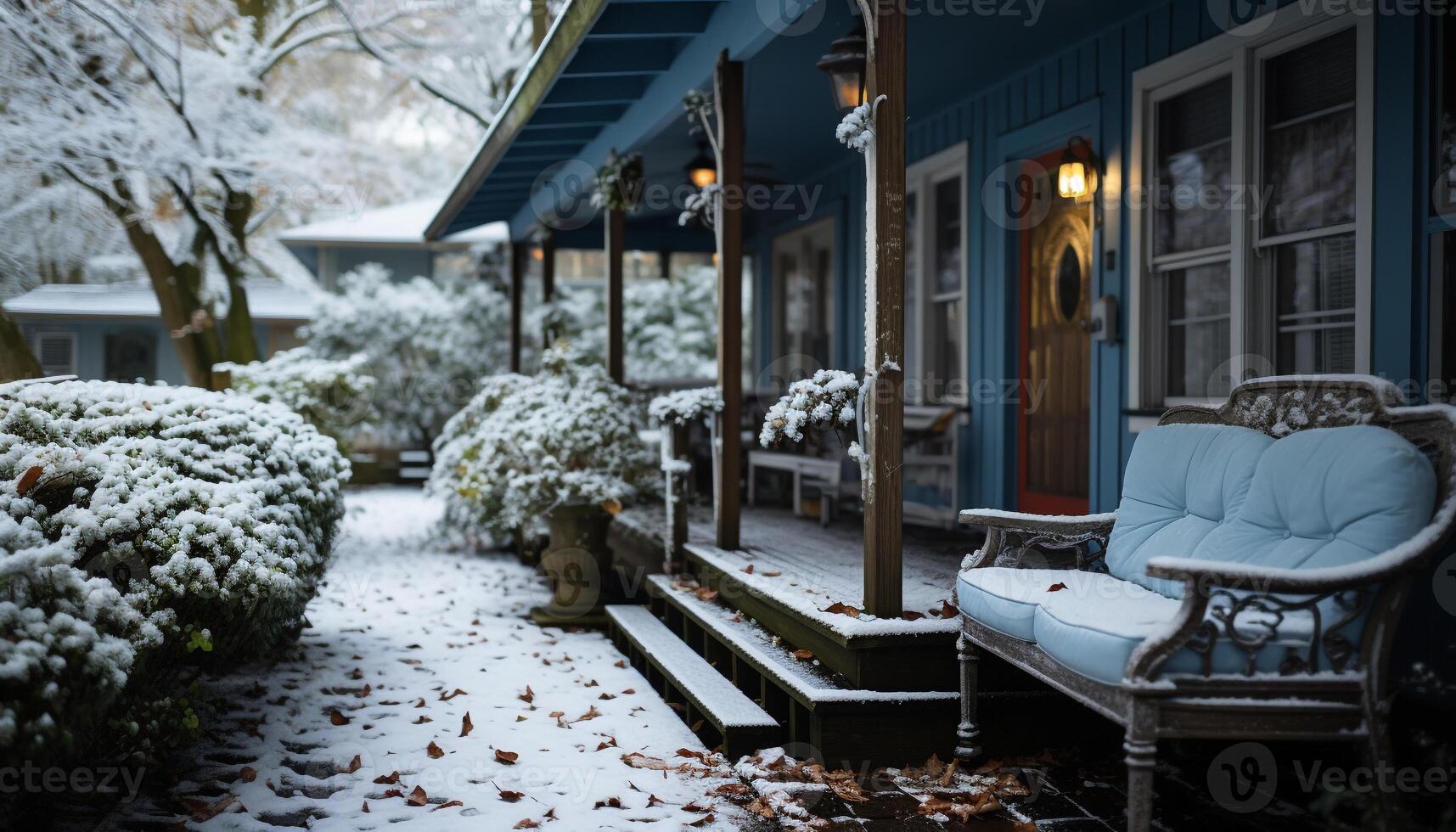 ai generato tranquillo scena inverno natura decora all'aperto panchina generato di ai foto