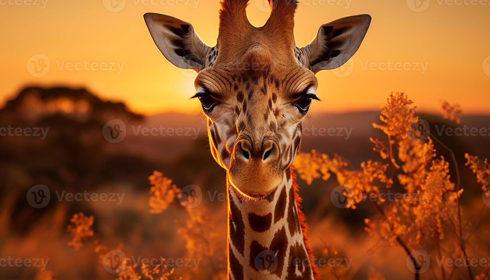 ai generato giraffa pascolo nel il africano savana a tramonto generato di ai foto