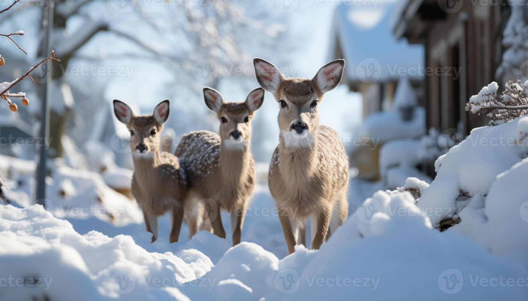 ai generato carino cervo nel inverno foresta, guardare a telecamera generato di ai foto
