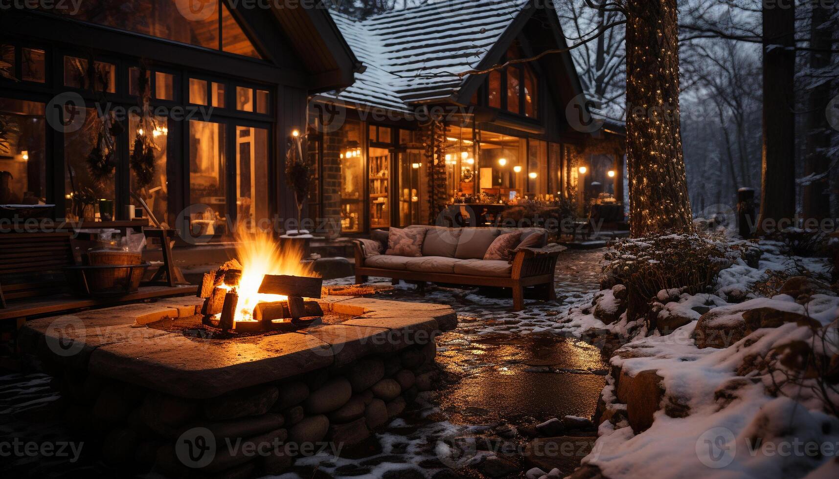 ai generato accogliente inverno notte, legna da ardere bruciando, confortevole casa generato di ai foto