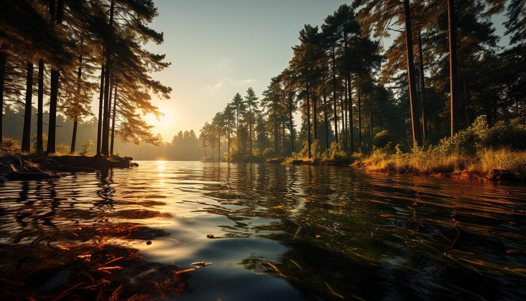 ai generato tranquillo scena, albero, acqua, tramonto, riflessione, autunno generato di ai foto