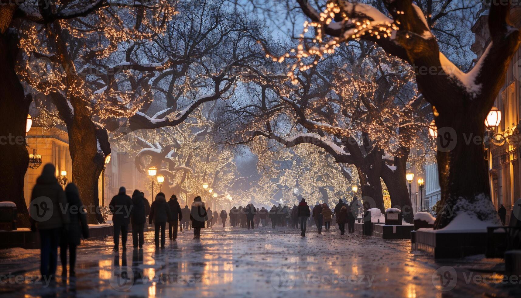 ai generato a piedi nel il inverno notte, città luci illuminare generato di ai foto