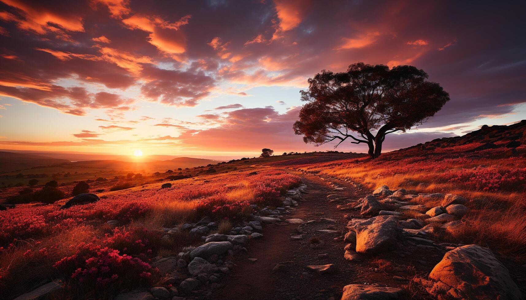 ai generato tramonto al di sopra di il montagna, natura bellezza nel movimento generato di ai foto