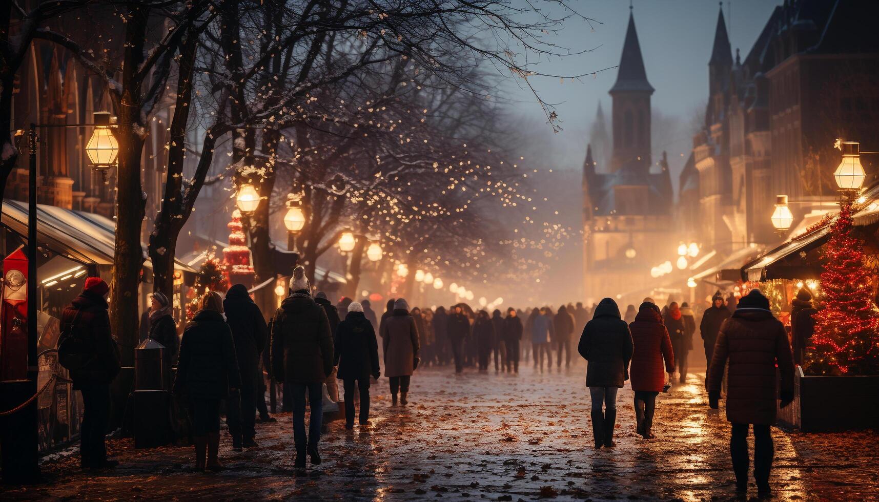 ai generato notte si illumina inverno città vita, affollato con turisti generato di ai foto