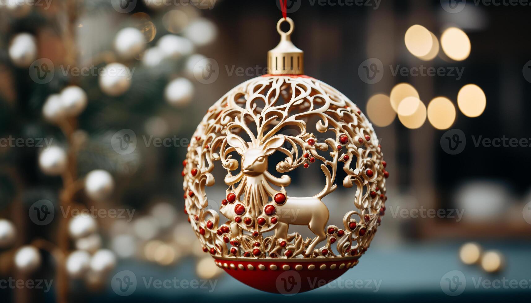 ai generato brillante ornamento sospeso su Natale albero, raggiante oro generato di ai foto
