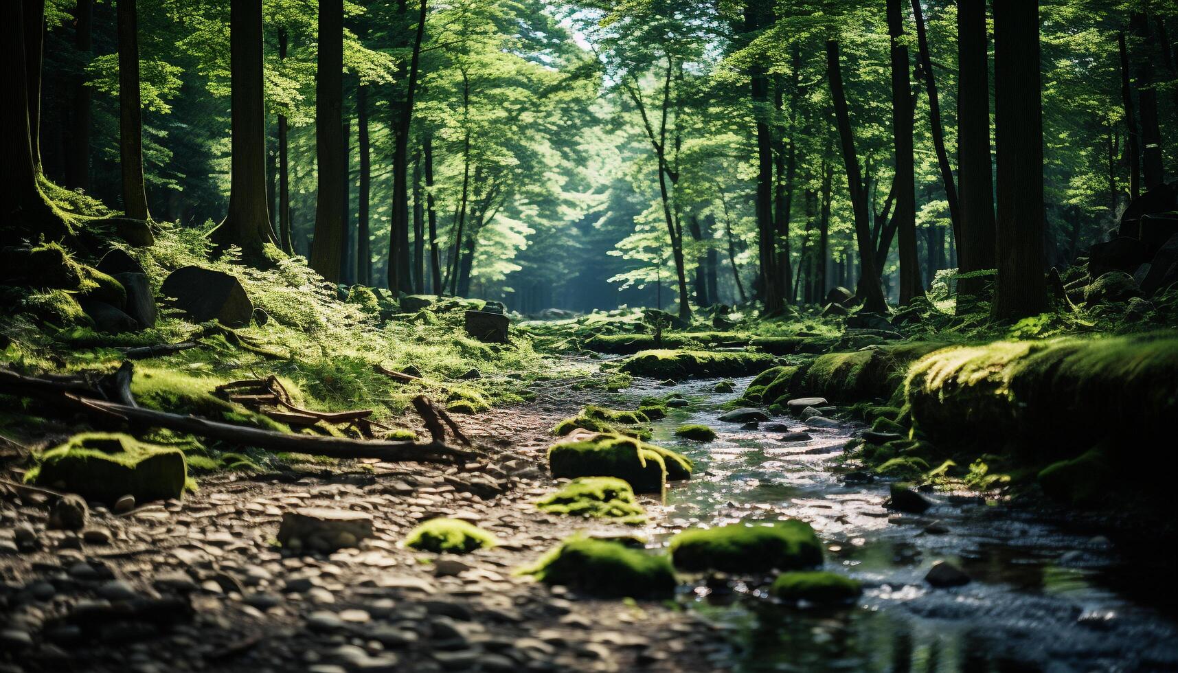 ai generato tranquillo scena di un' foresta con fluente acqua generato di ai foto