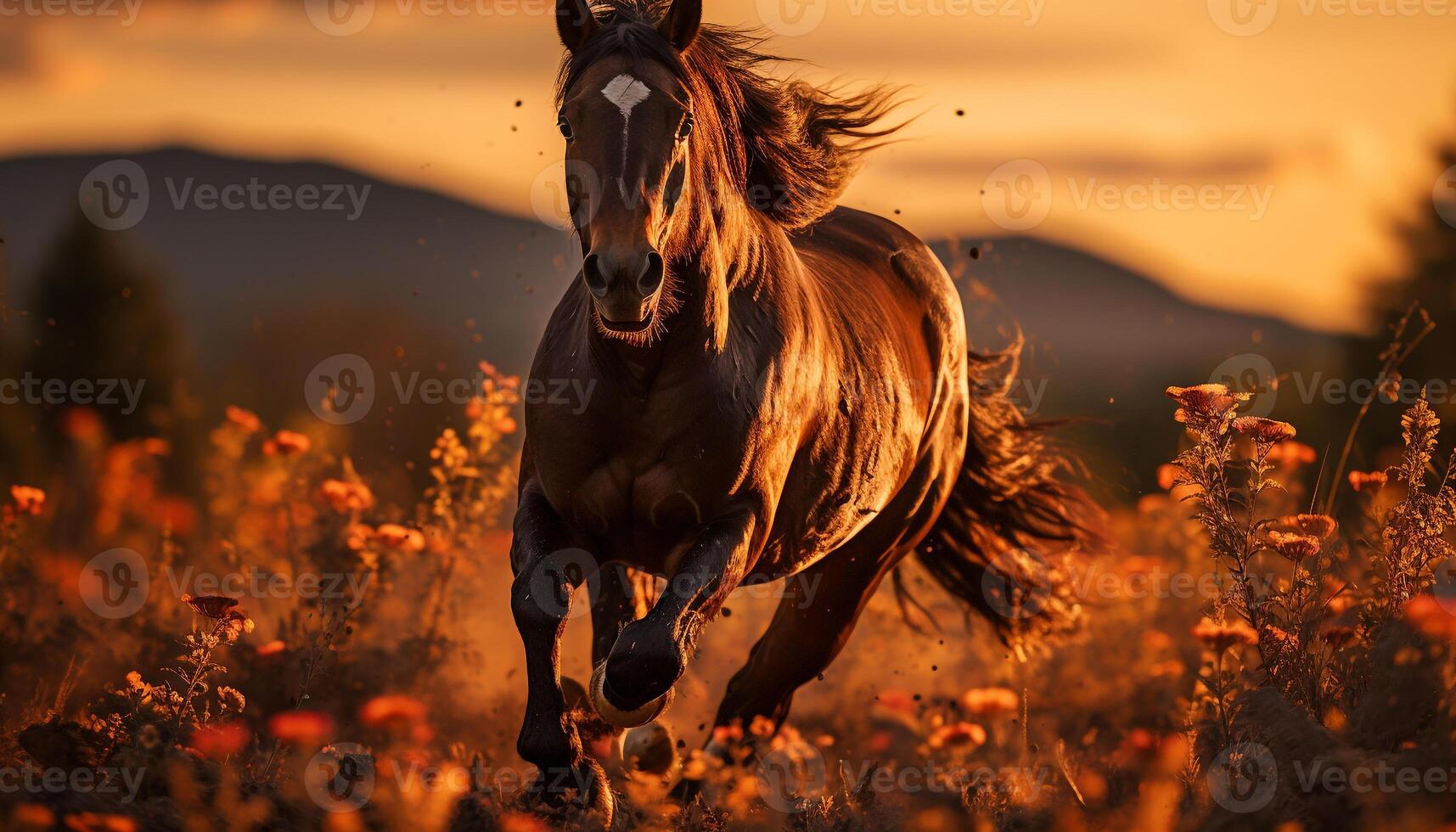 ai generato cavallo in esecuzione nel prato, tramonto vernici bellezza generato di ai foto