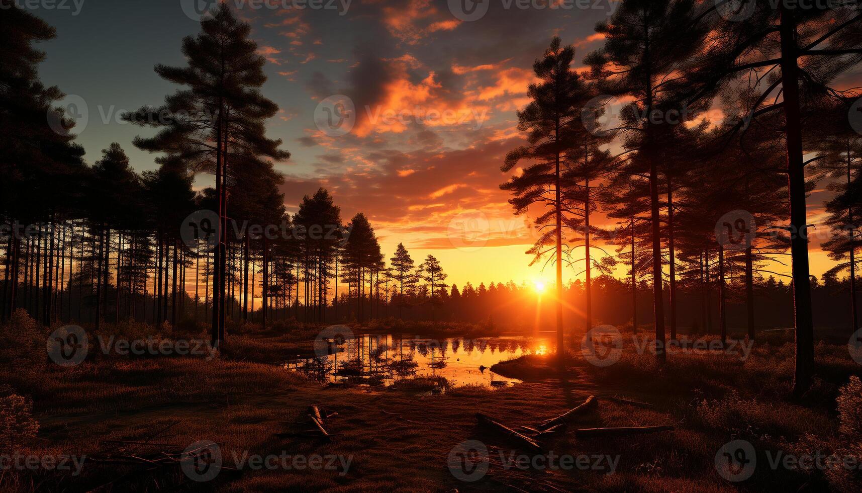 ai generato tramonto al di sopra di il foresta, riflettendo nel tranquillo acqua generato di ai foto