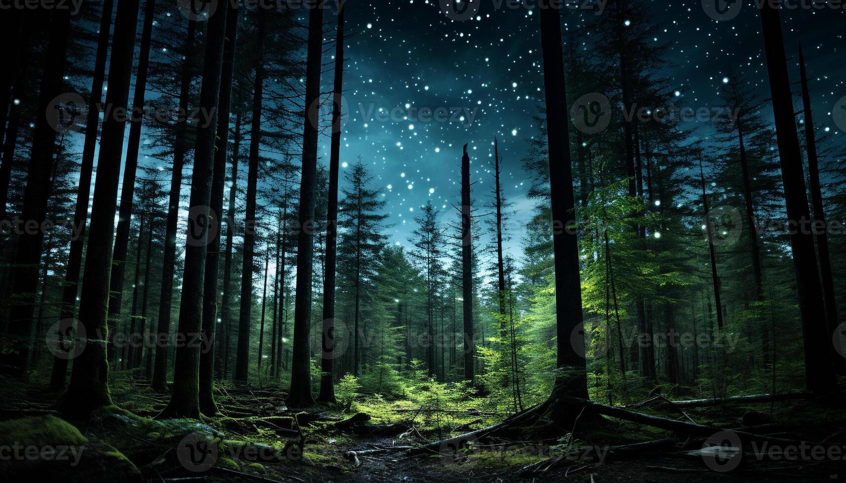 ai generato misterioso notte, buio foresta, illuminato di chiaro di luna generato di ai foto