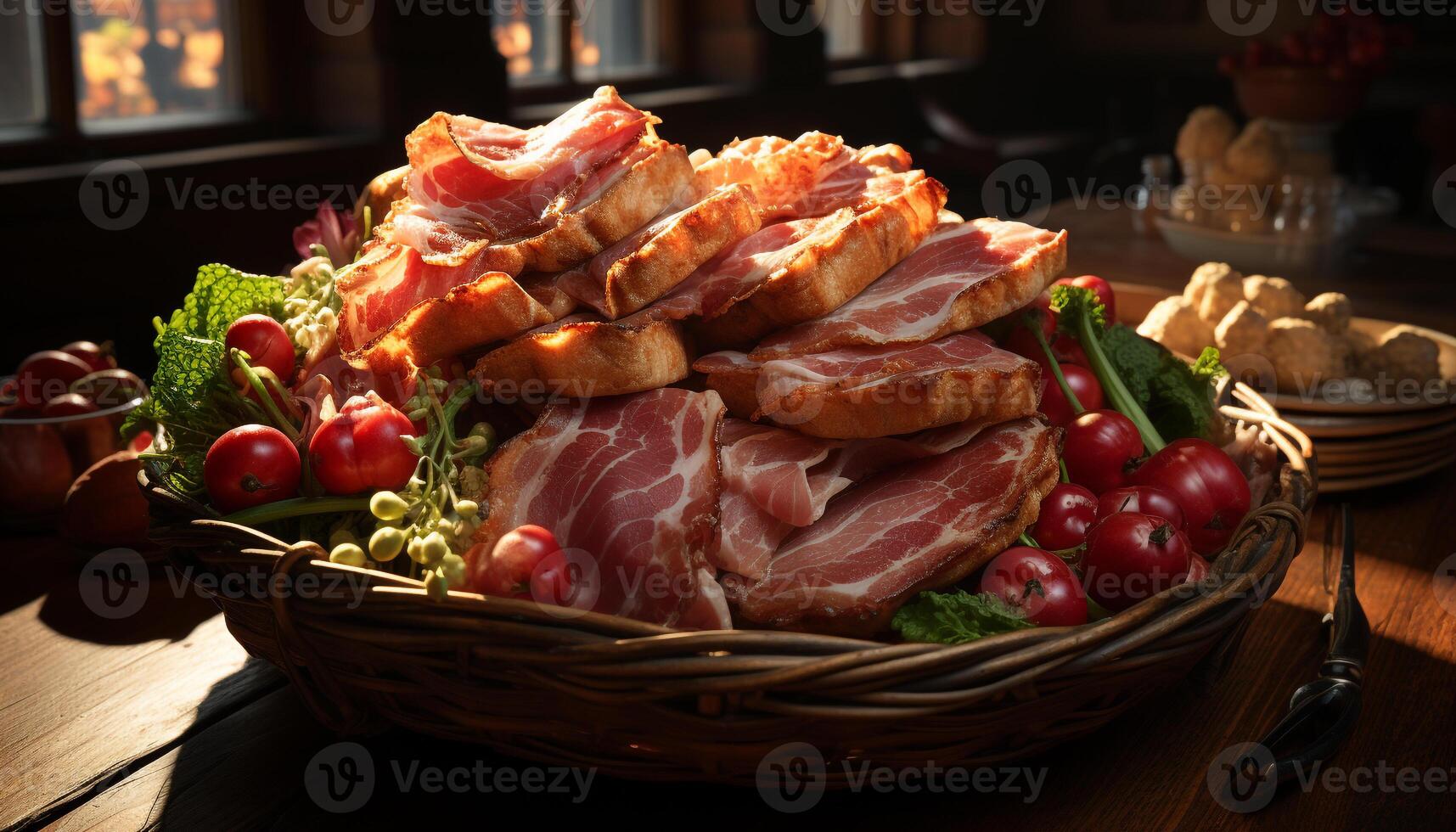 ai generato freschezza su legna tavolo buongustaio prosciutto, affumicato carne generato di ai foto