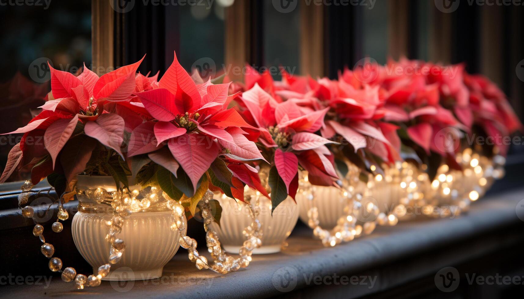 ai generato inverno celebrazione poinsettia fiore decora il interno tavolo generato di ai foto