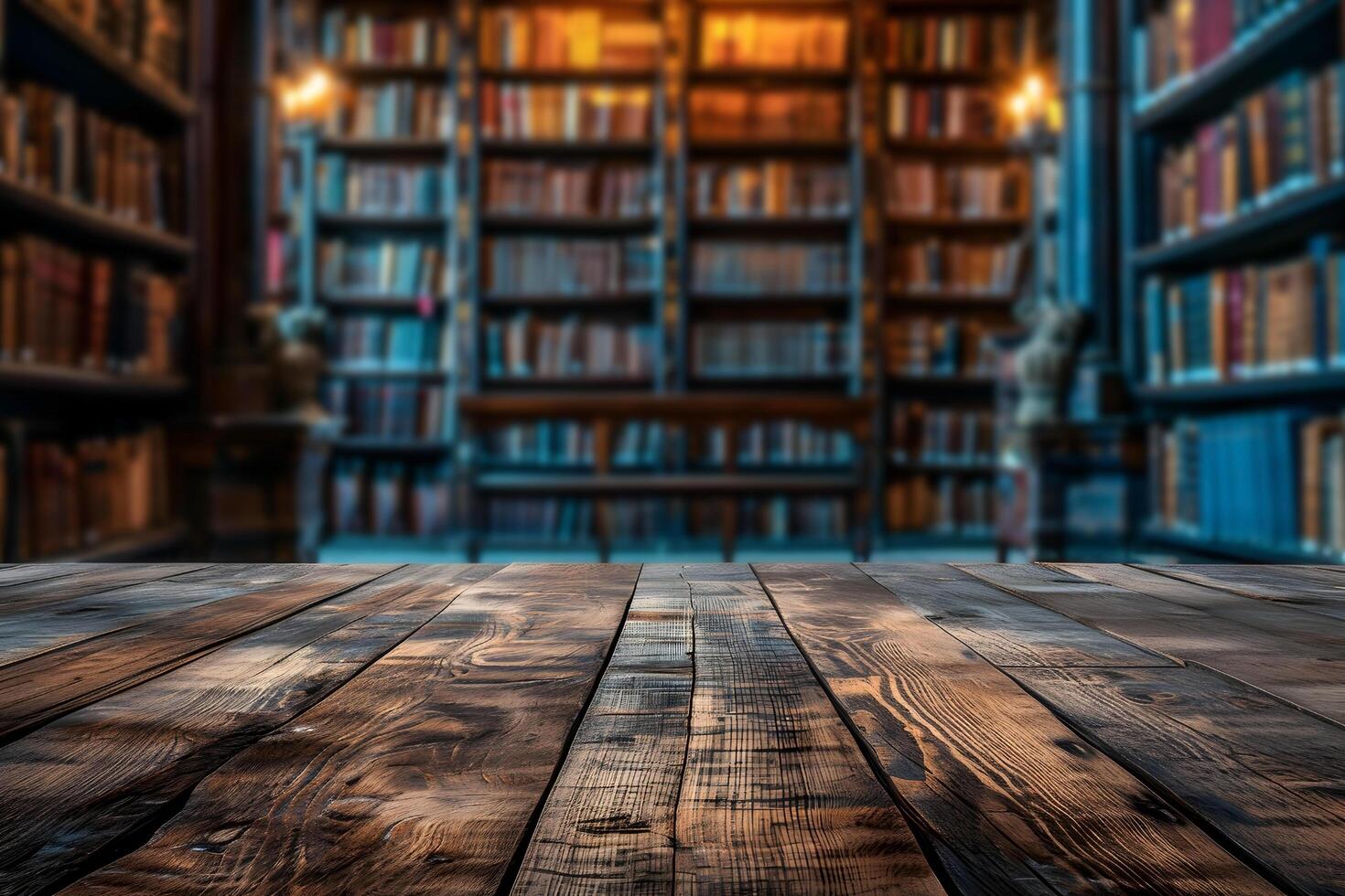 ai generato vuoto di legno tavolo con sfocato biblioteca interno foto