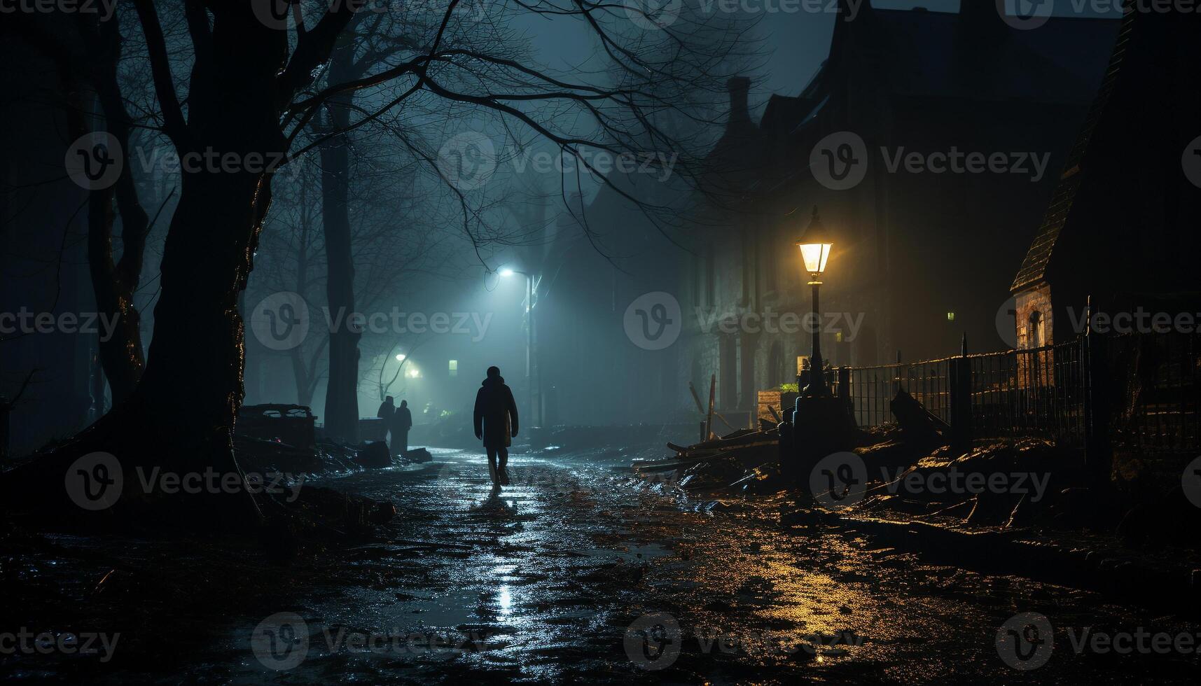 ai generato spaventoso silhouette a piedi nel scuro, nebbioso foresta generato di ai foto