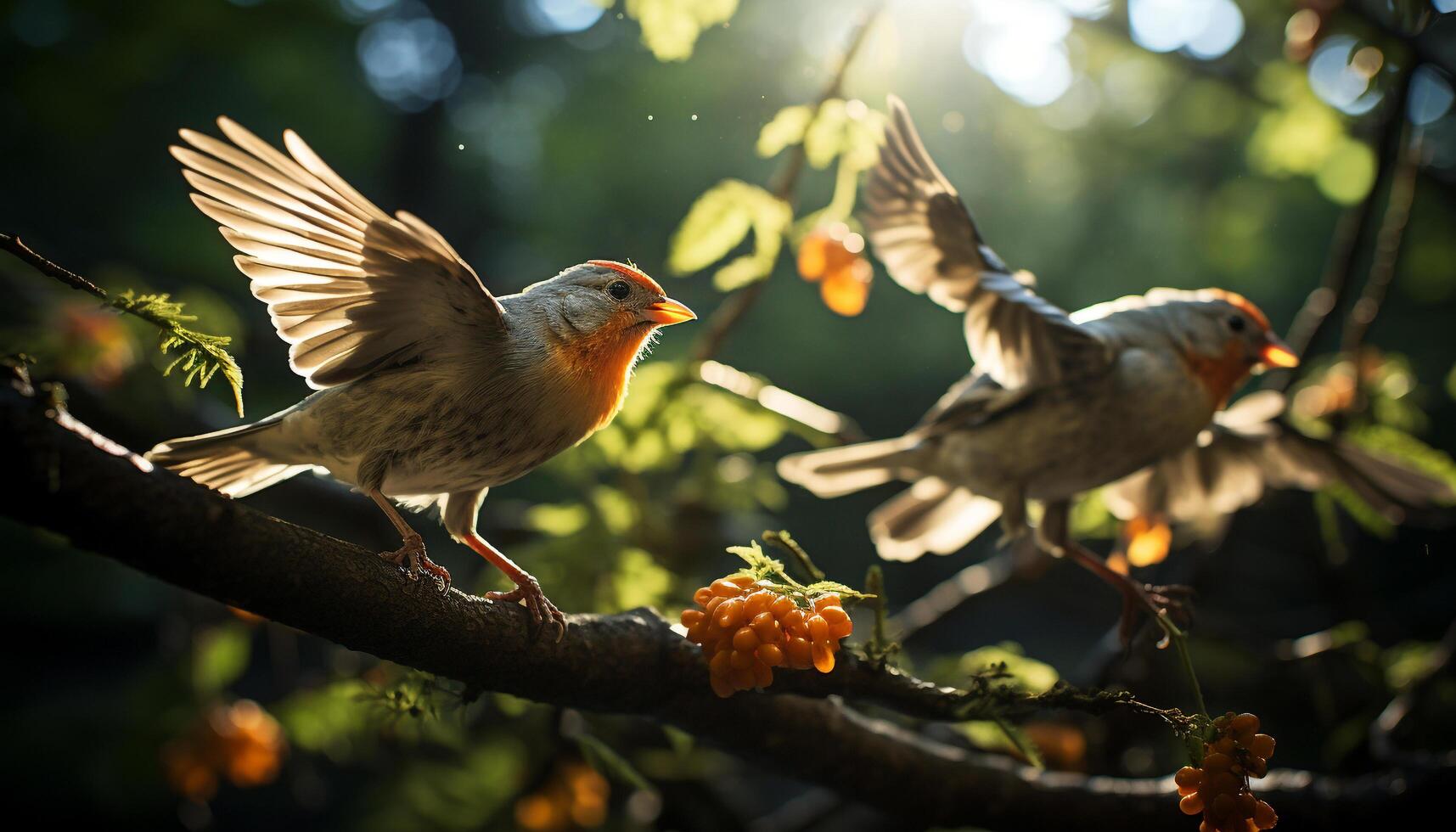 ai generato Due uccelli perching su un' ramo nel estate generato di ai foto