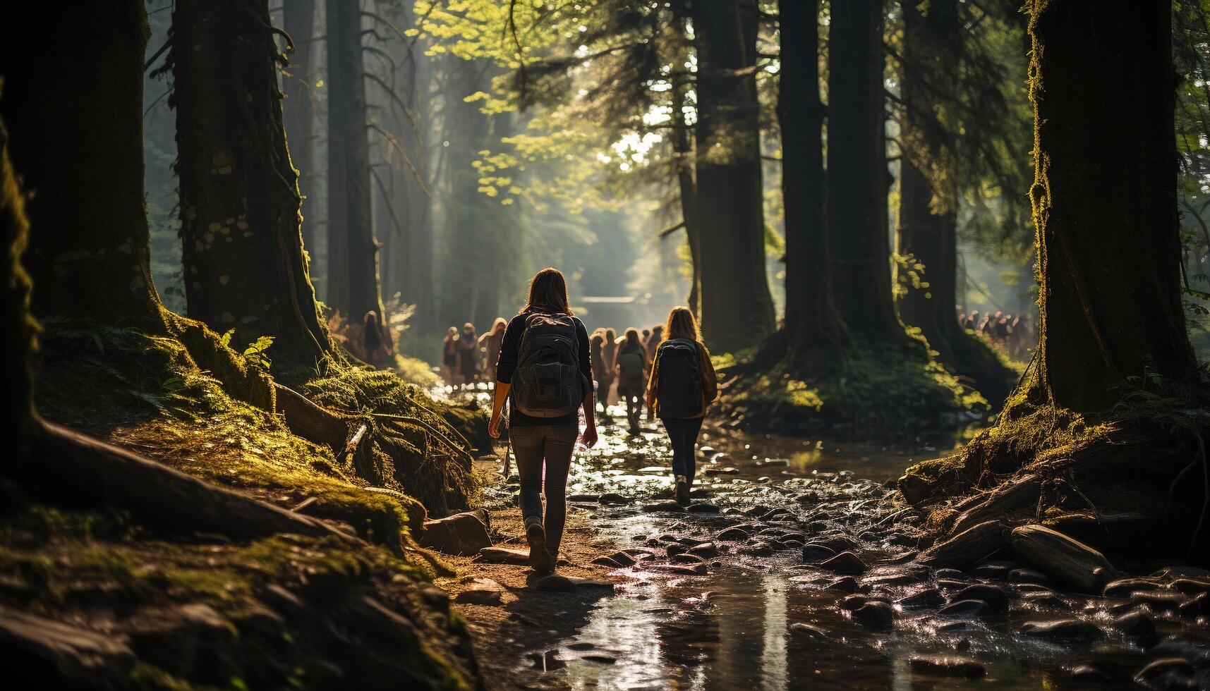 ai generato uomini e donne escursioni a piedi nel natura tranquillo bellezza generato di ai foto