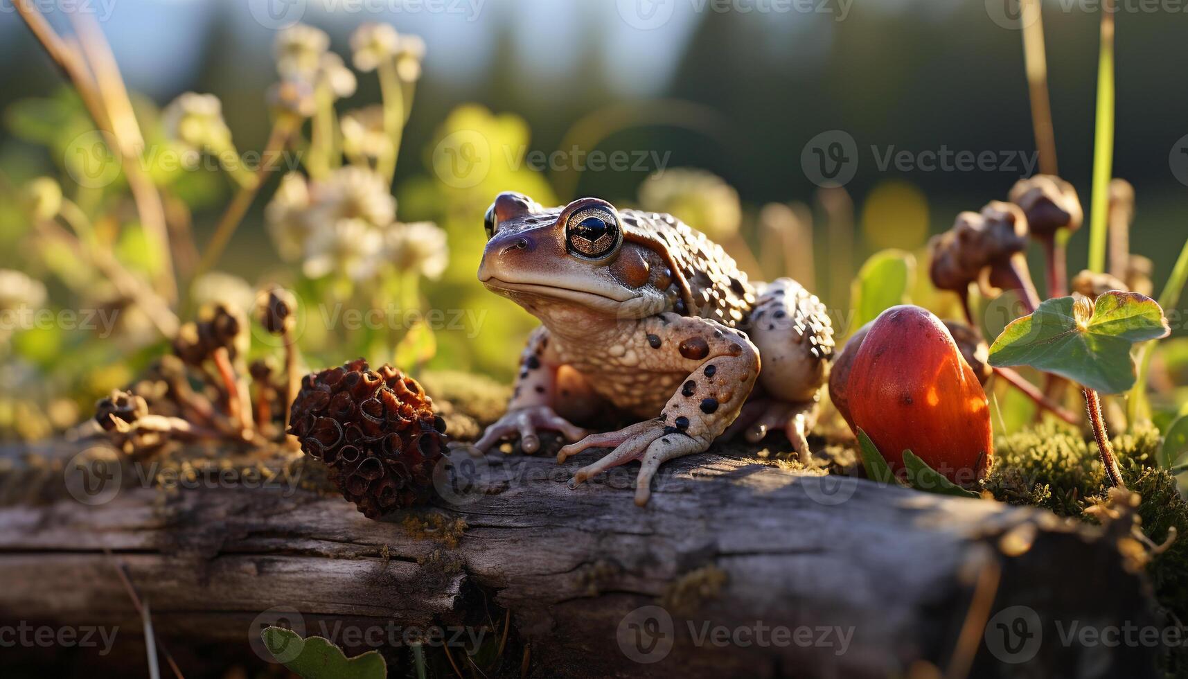 ai generato carino rospo seduta su bagnato foglia nel foresta generato di ai foto