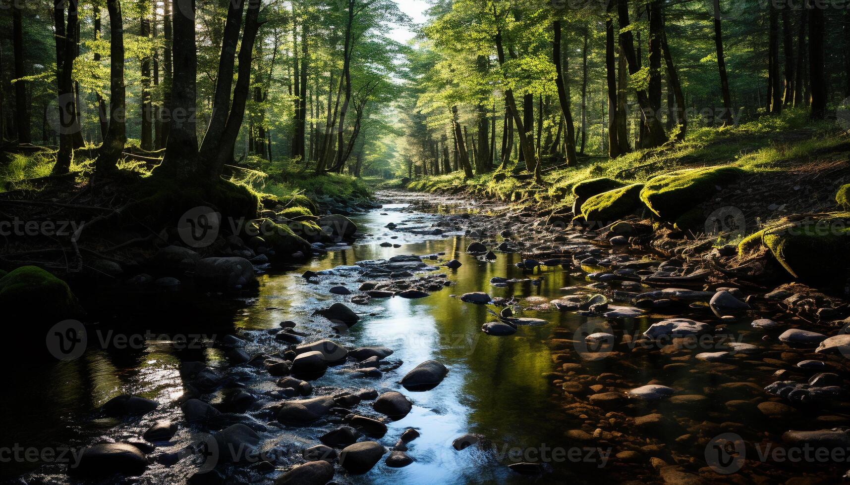 ai generato tranquillo scena di fluente acqua nel un' foresta generato di ai foto