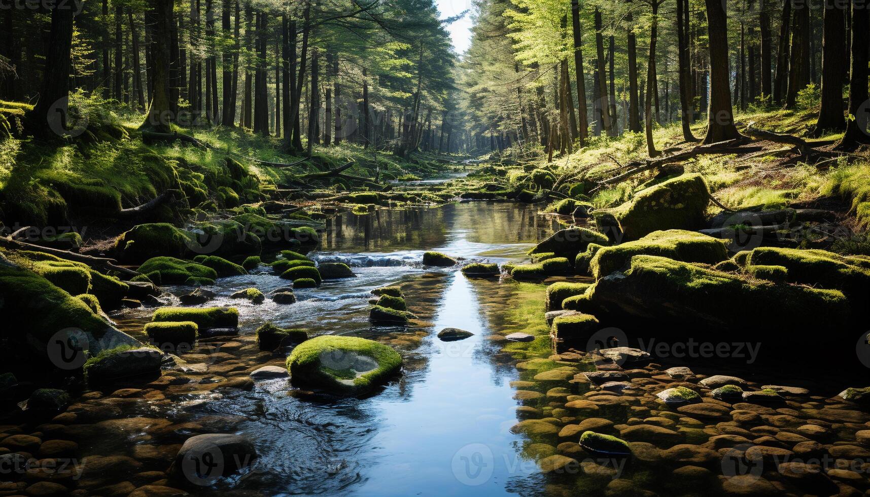 ai generato tranquillo scena di un' fluente acqua nel foresta generato di ai foto