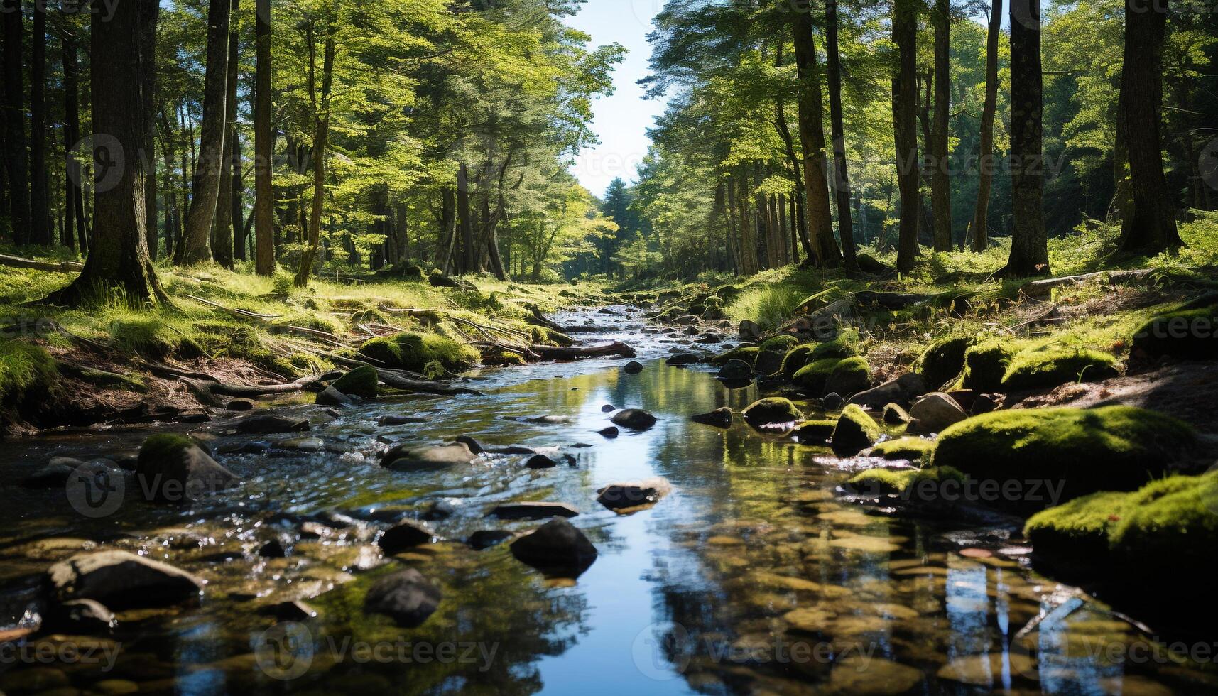 ai generato tranquillo scena di un' verde foresta nel estate generato di ai foto