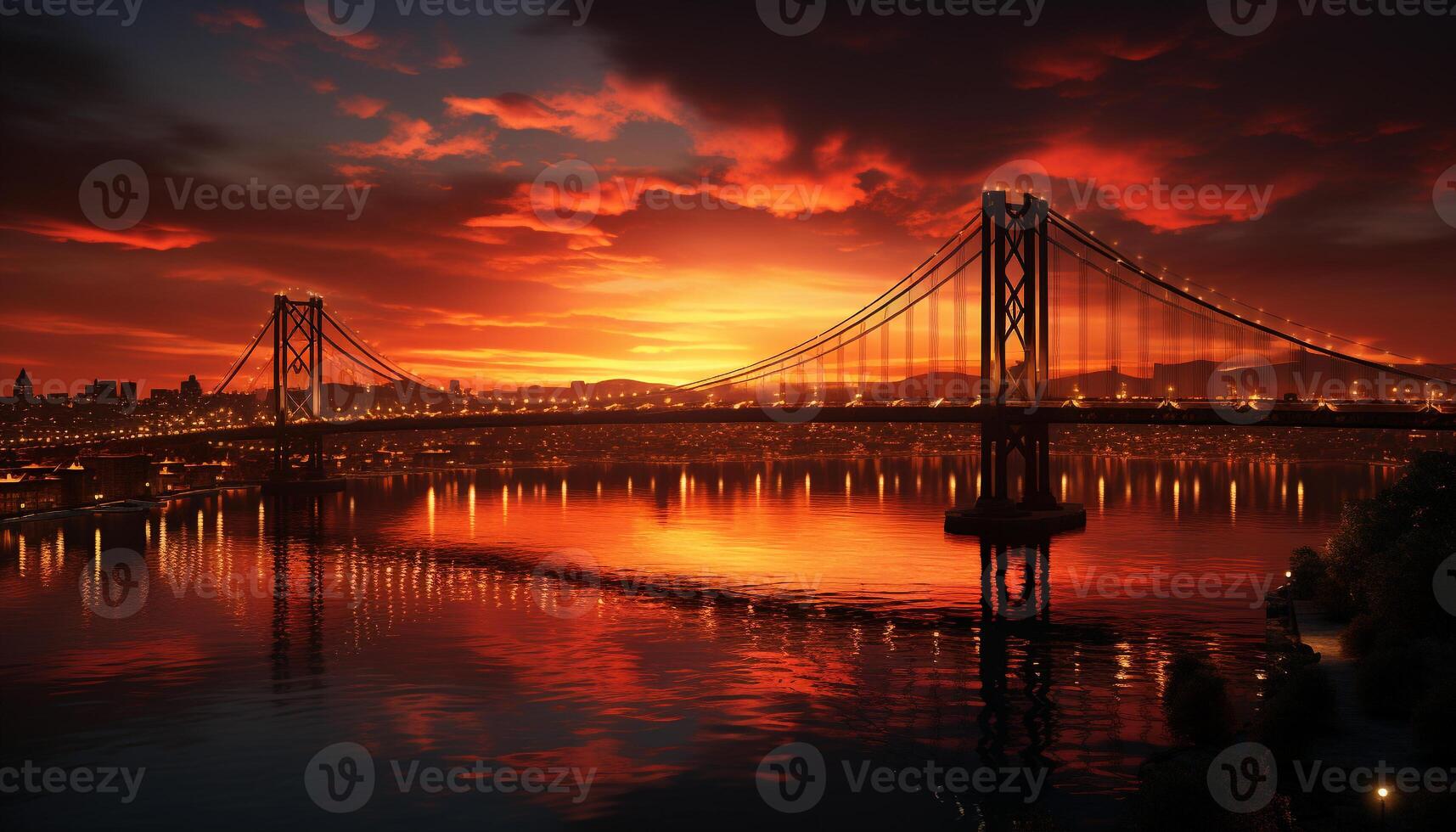 ai generato vivace tramonto riflette su città famoso ponte generato di ai foto
