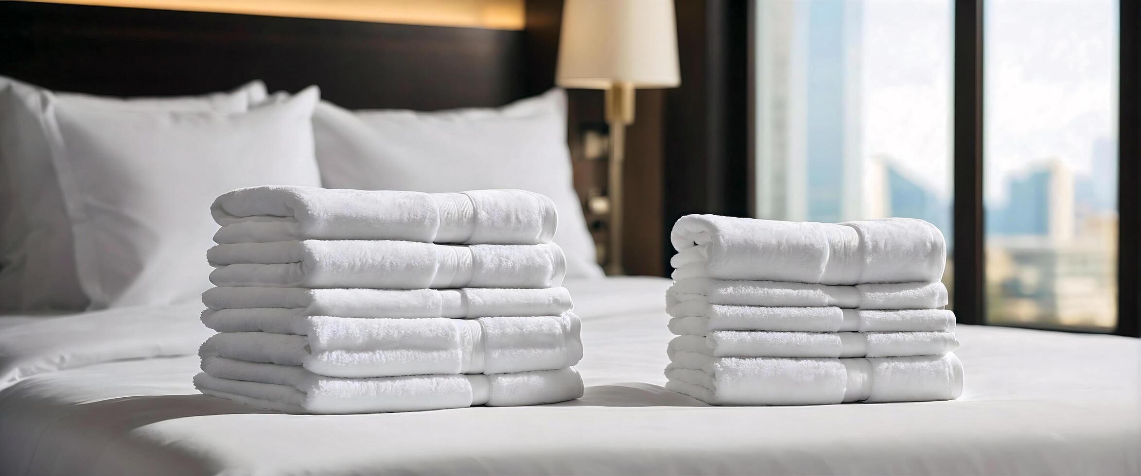 ai generato impostato di pulito bianca asciugamani impostato impilati su letto nel Hotel camera, tempo libero, vacanza e viaggio concetto, modello, sfondo, bandiera con copia spazio la zona foto