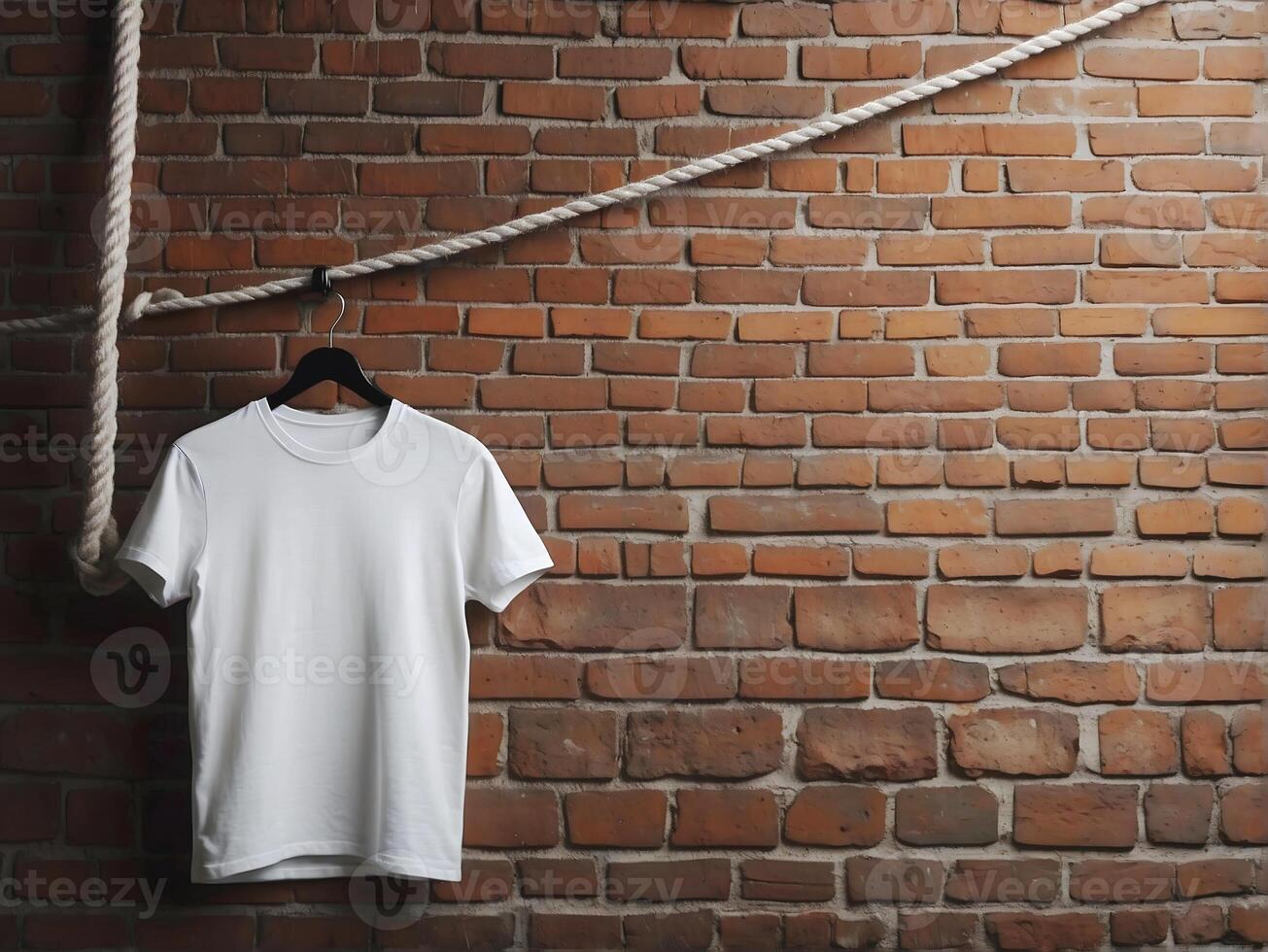 ai generato bianca vuoto vuoto t camicia finto su modello isolato su mattone parete sfondo, capi di abbigliamento e moda, stile di vita concetto foto
