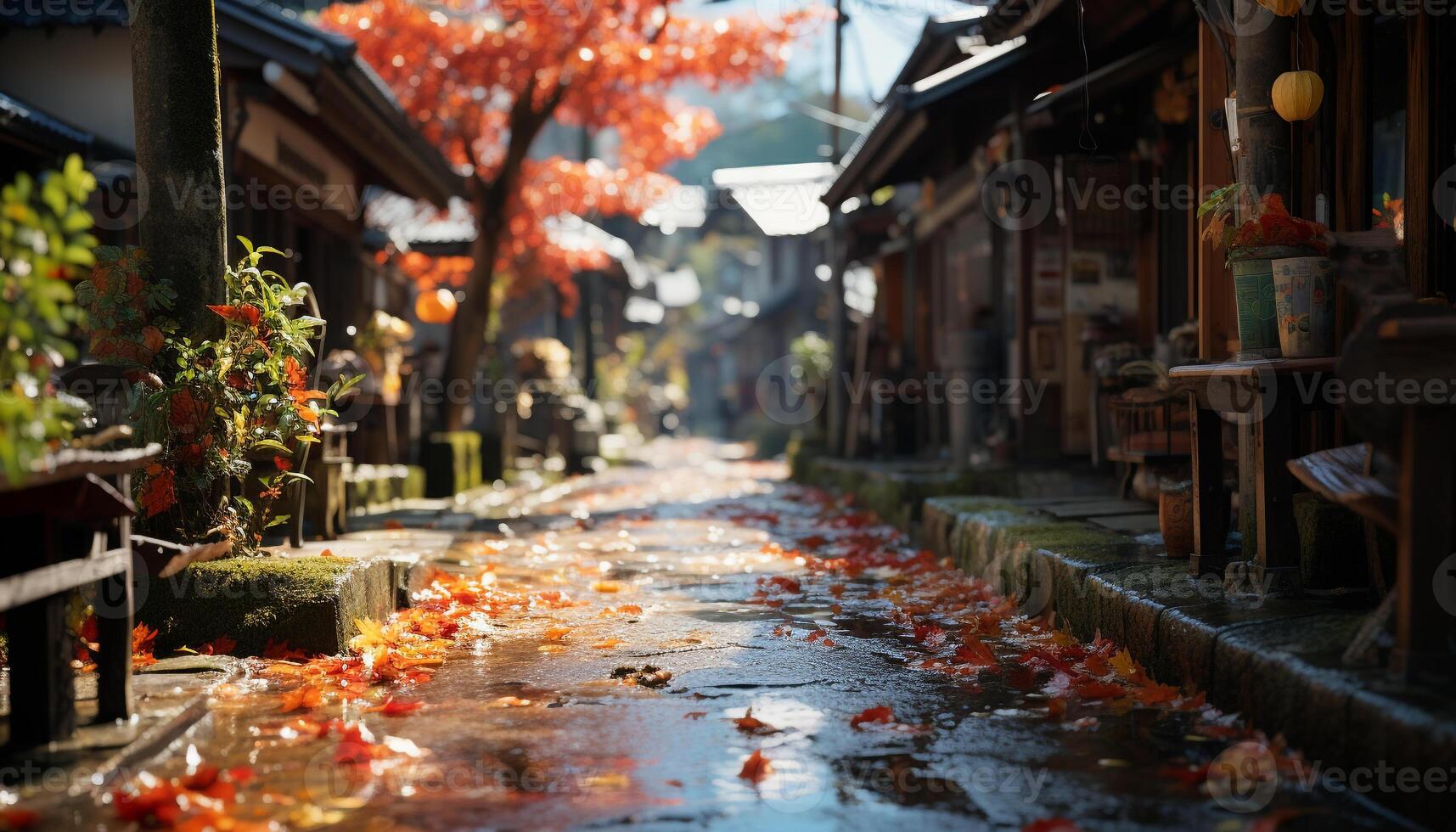 ai generato autunno all'aperto, Multi colorato foglia, vecchio architettura, vivace città generato di ai foto