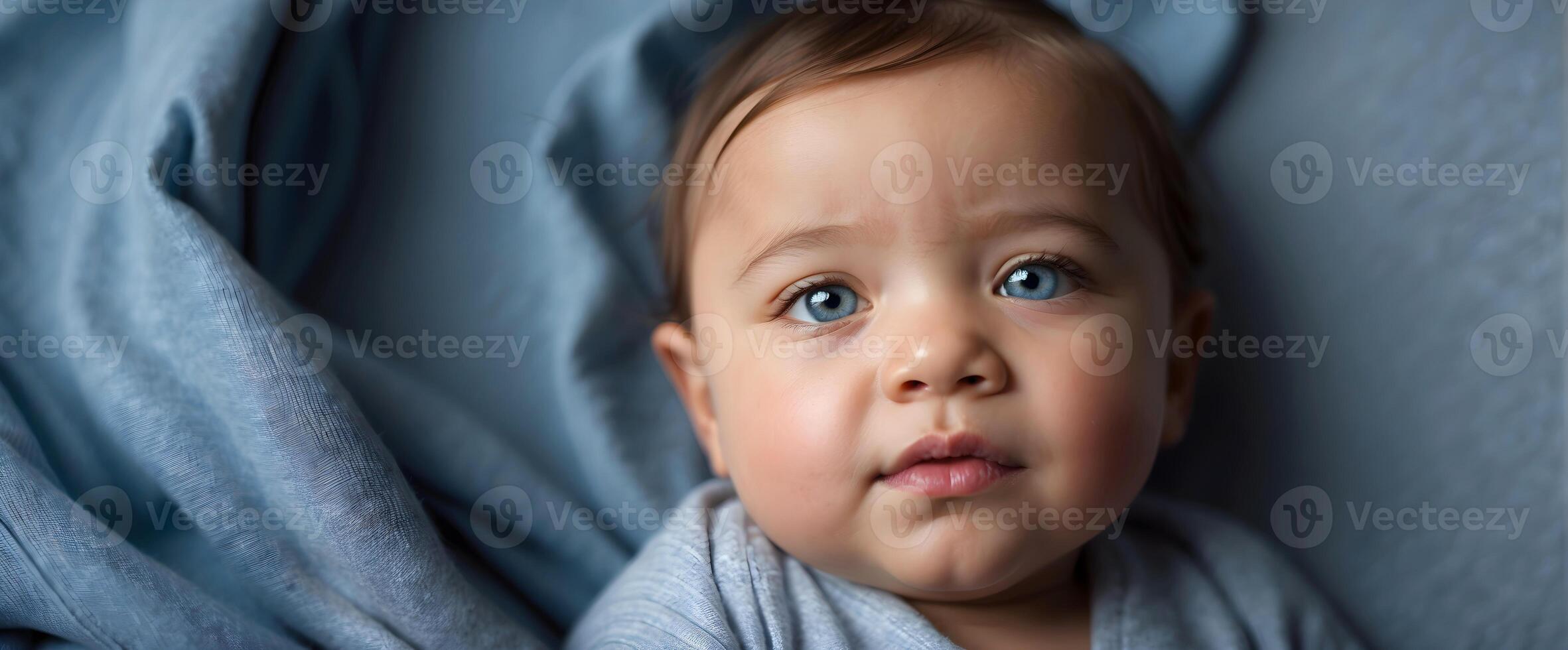 ai generato carino poco nuovo Nato bambino ragazzo blu occhi ritratto sfondo, adorabile bambino che fa i primi passi, sfondo, foto